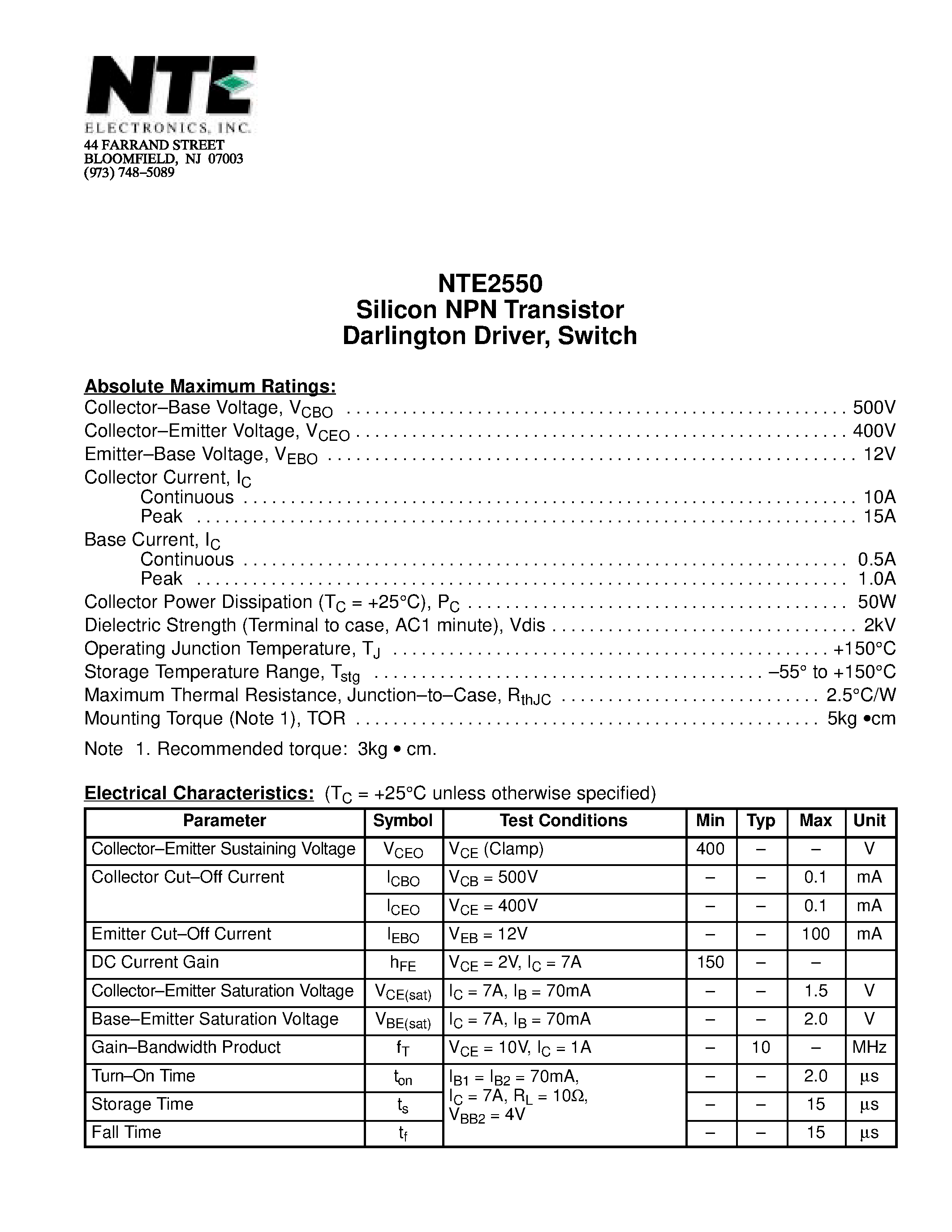 Datasheet NTE2550 page 1 Datasheet NTE2550 - Silicon NPN Transistor Darlington Driver / Switch page 1