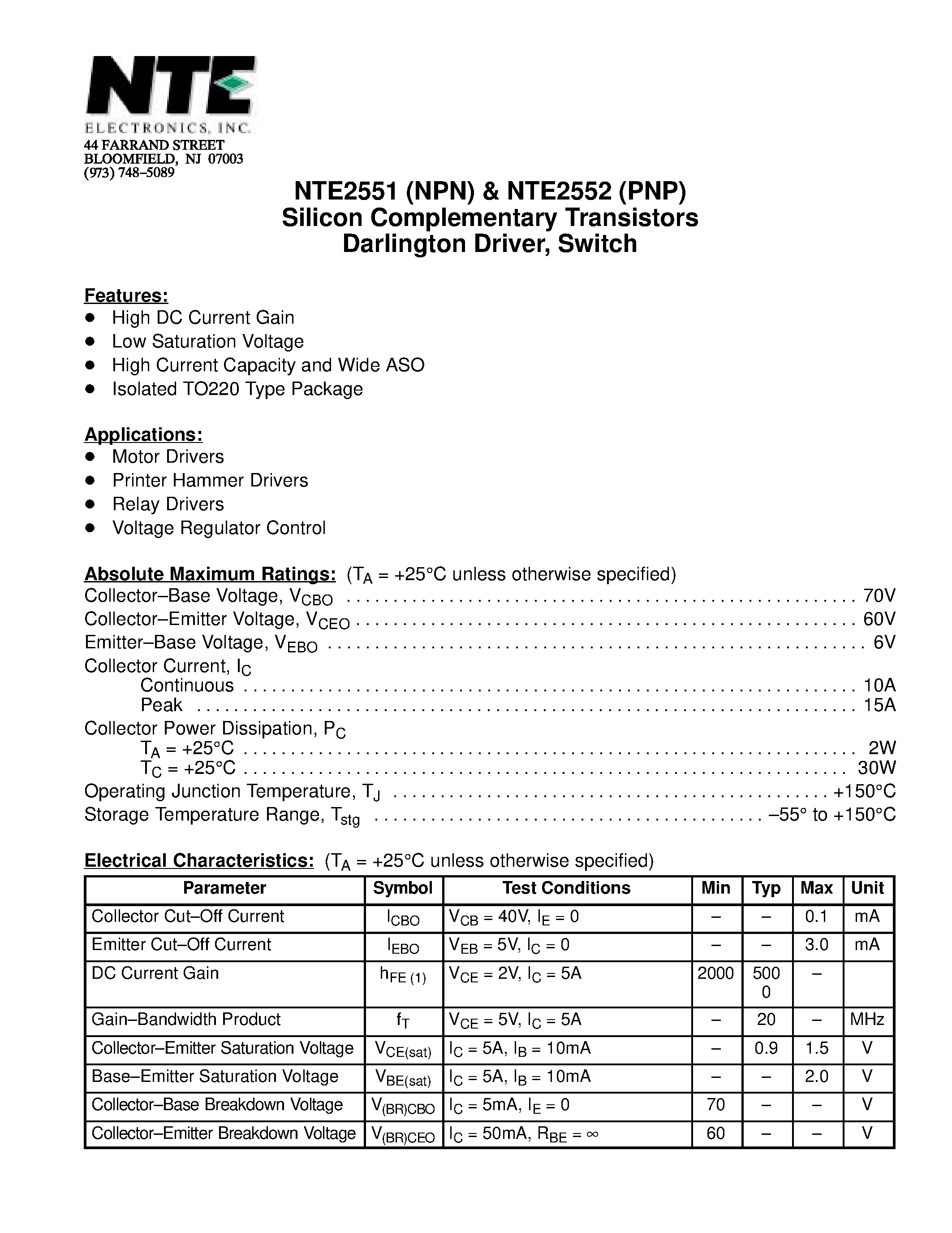 Datasheet NTE2551 - Silicon Complementary Transistors Darlington Driver / Switch page 1