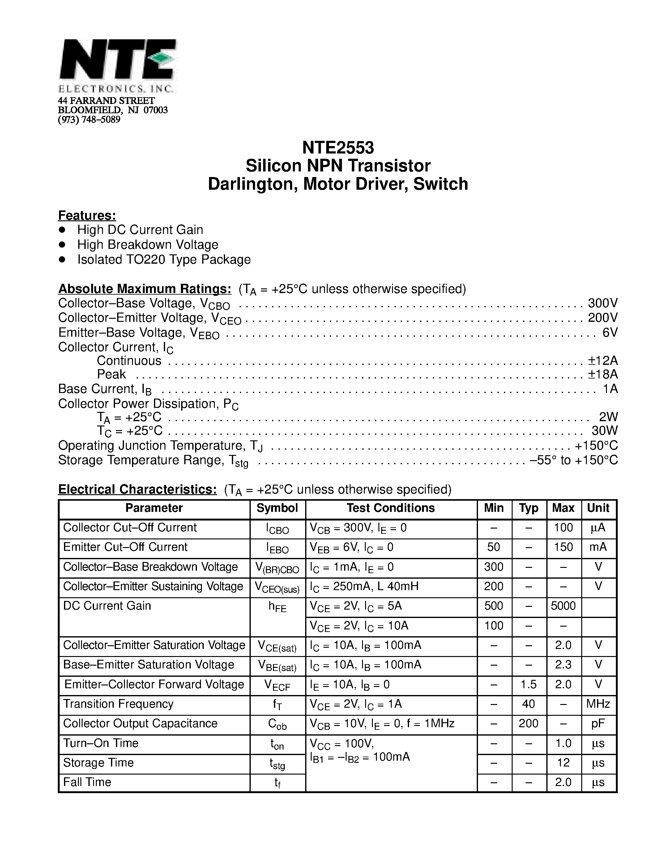 Datasheet NTE2553 page 1 Datasheet NTE2553 - Silicon NPN Transistor Darlington / Motor Driver / Switch page 1