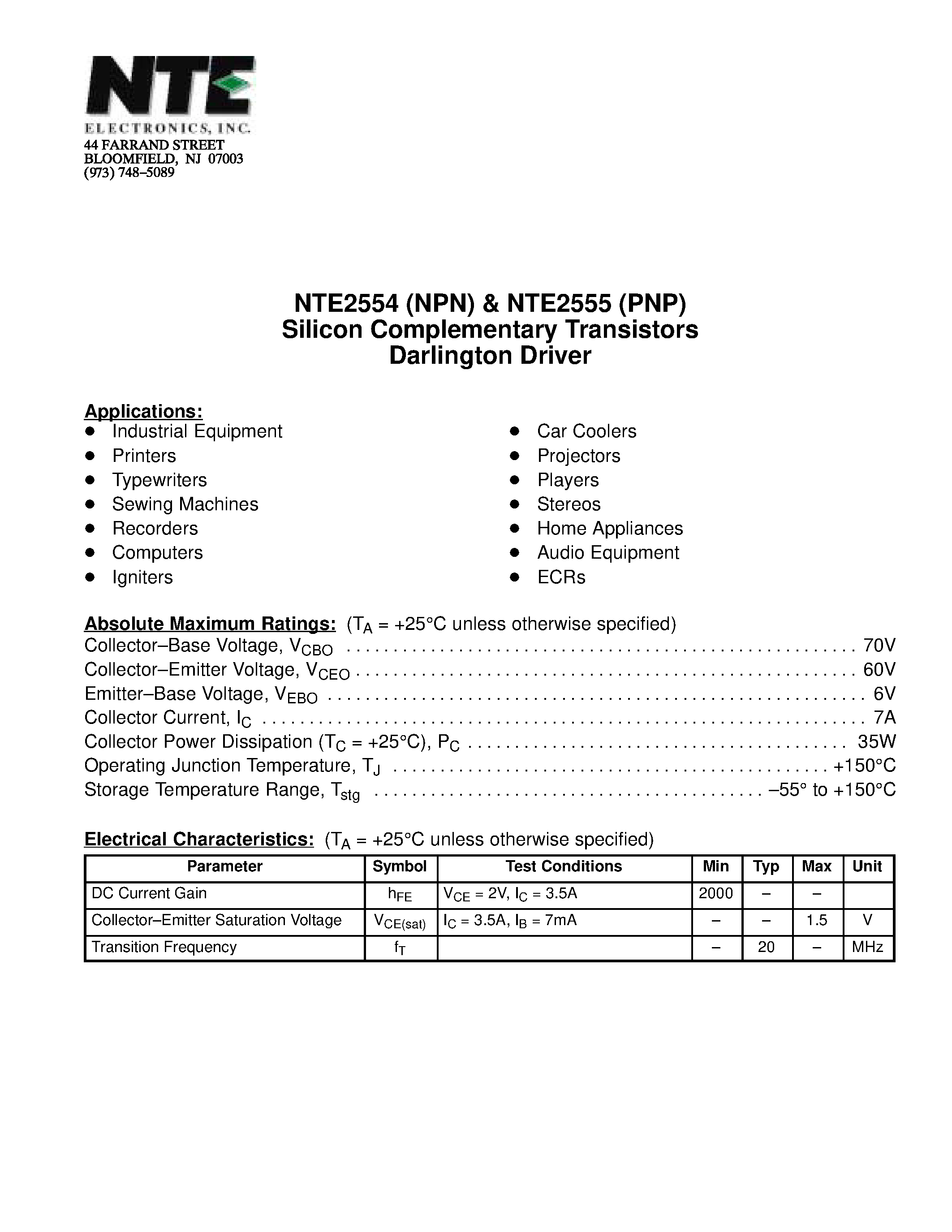 Datasheet NTE2554 - Silicon Complementary Transistors Darlington Driver page 1