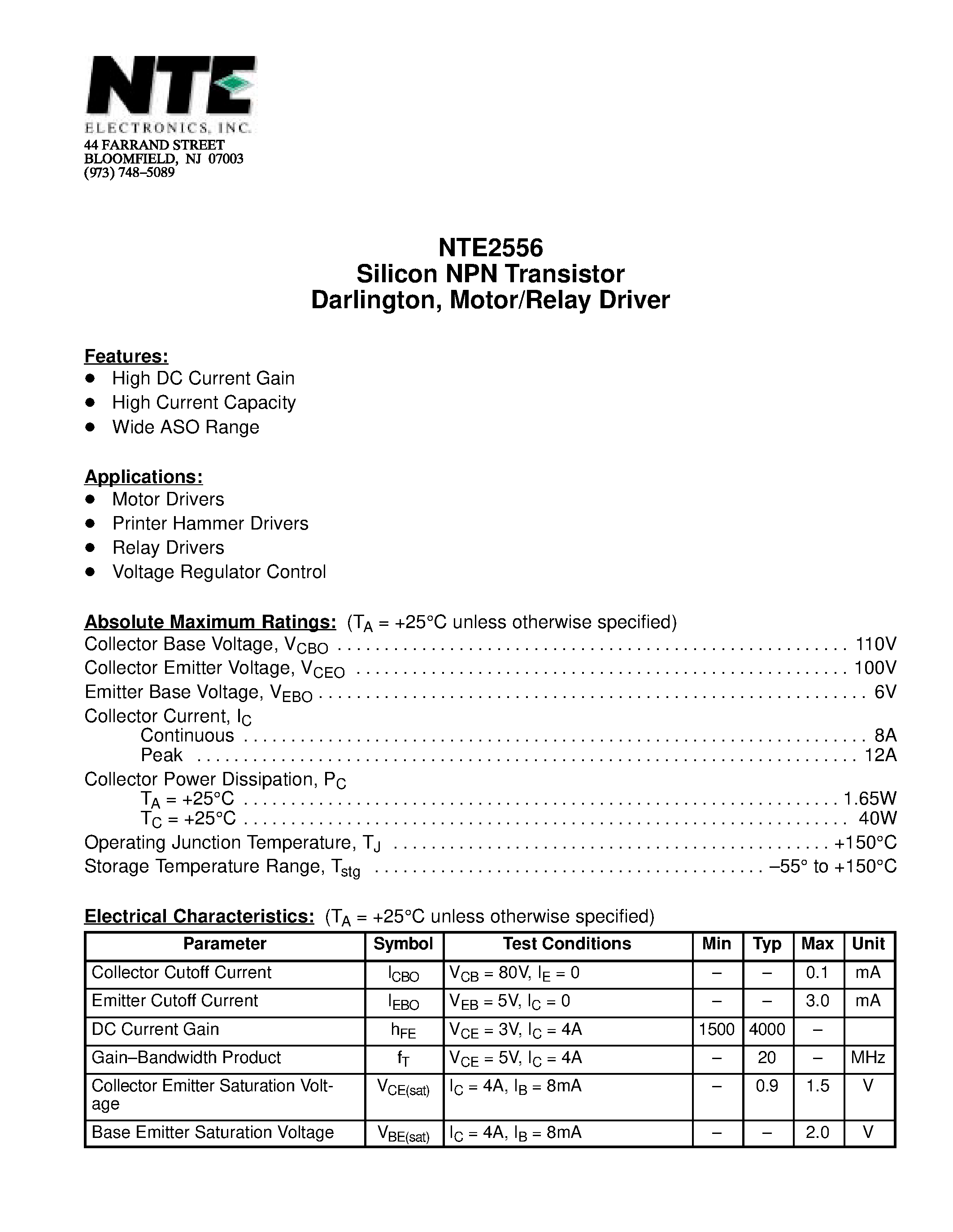 Даташит NTE2556 - Silicon NPN Transistor Darlington / Motor/Relay Driver страница 1