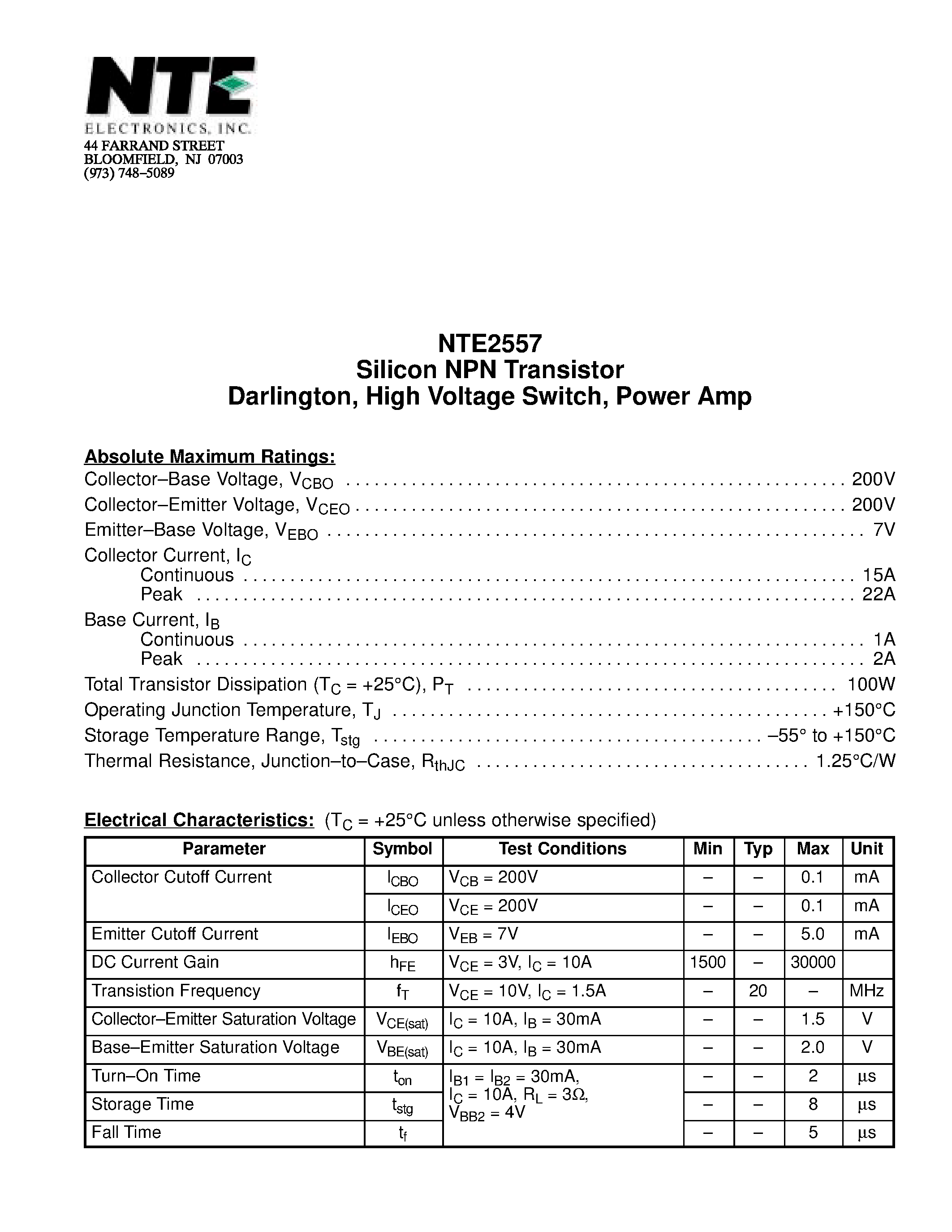 Datasheet NTE2557 page 1 Datasheet NTE2557 - Silicon NPN Transistor Darlington / High Voltage Switch / Power Amp page 1