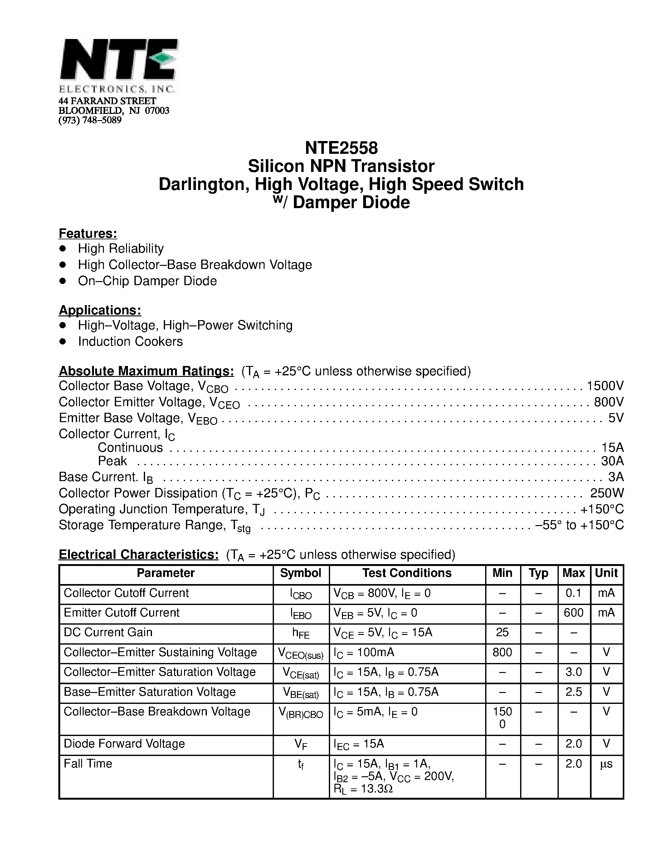 Даташит NTE2558 - Silicon NPN Transistor Darlington / High Voltage / High Speed Switch w/ Damper Diode страница 1