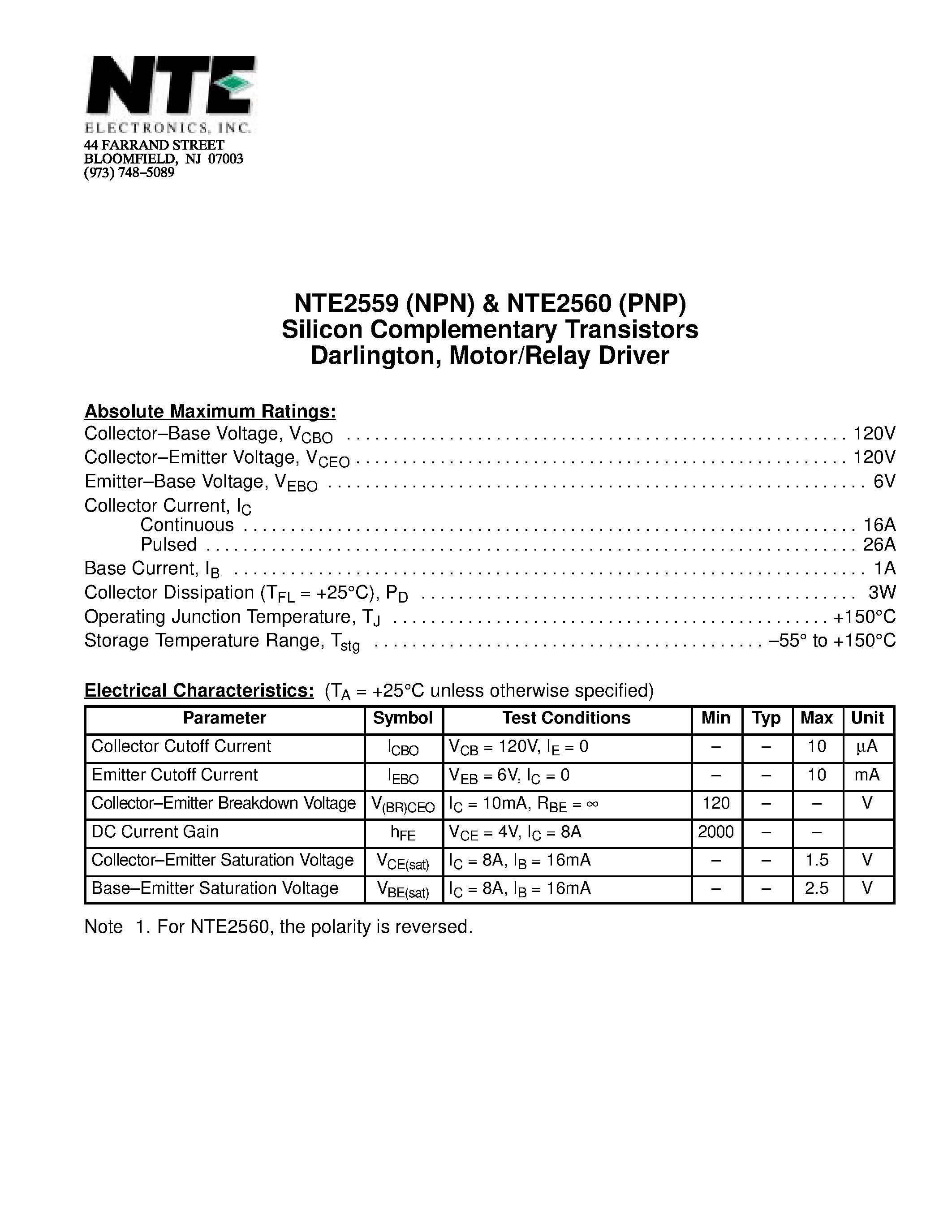 Даташит NTE2559 - Silicon Complementary Transistors Darlington / Motor/Relay Driver страница 1