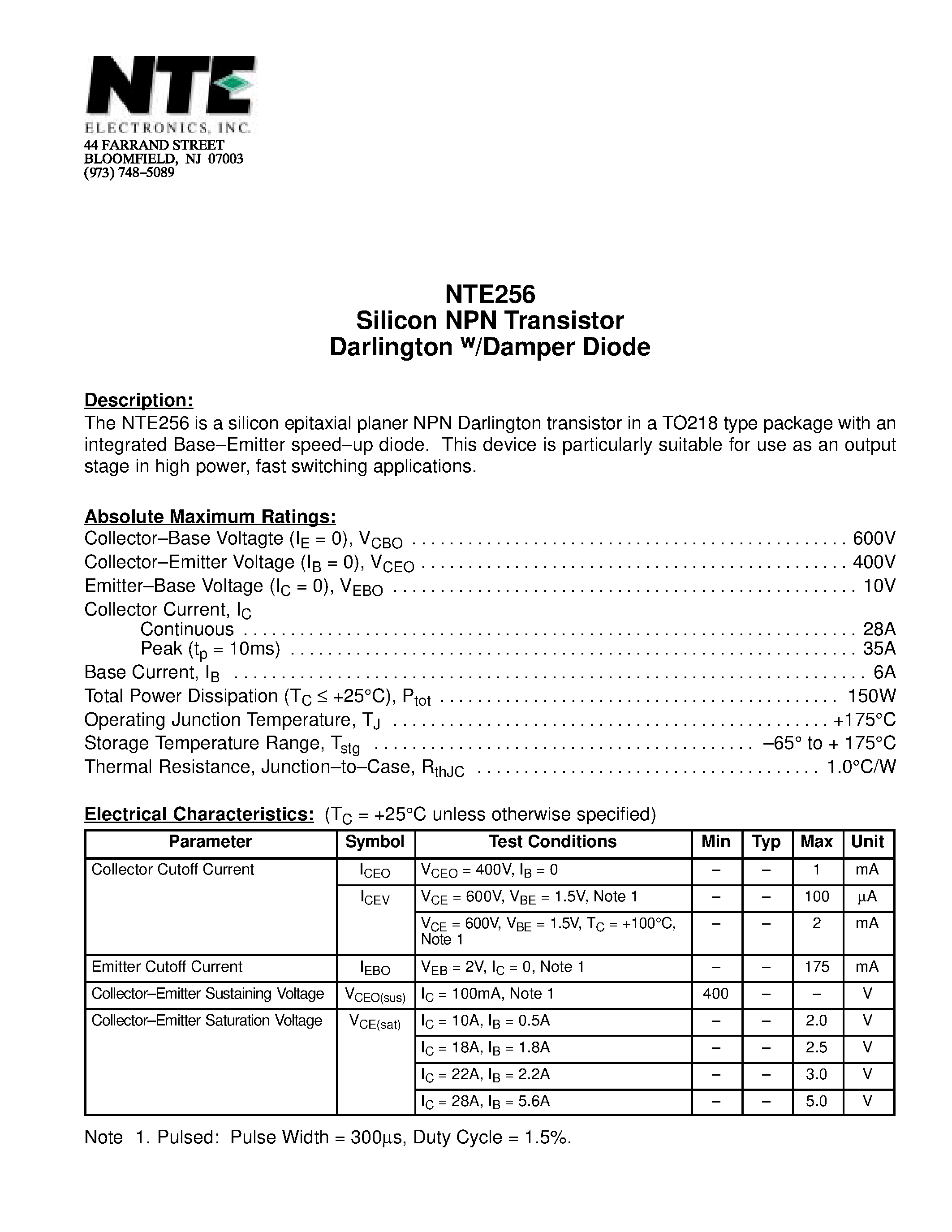 Даташит на микросхему NTE256 страница 1 Даташит NTE256 - Silicon NPN Transistor Darlington w/Damper Diode страница 1