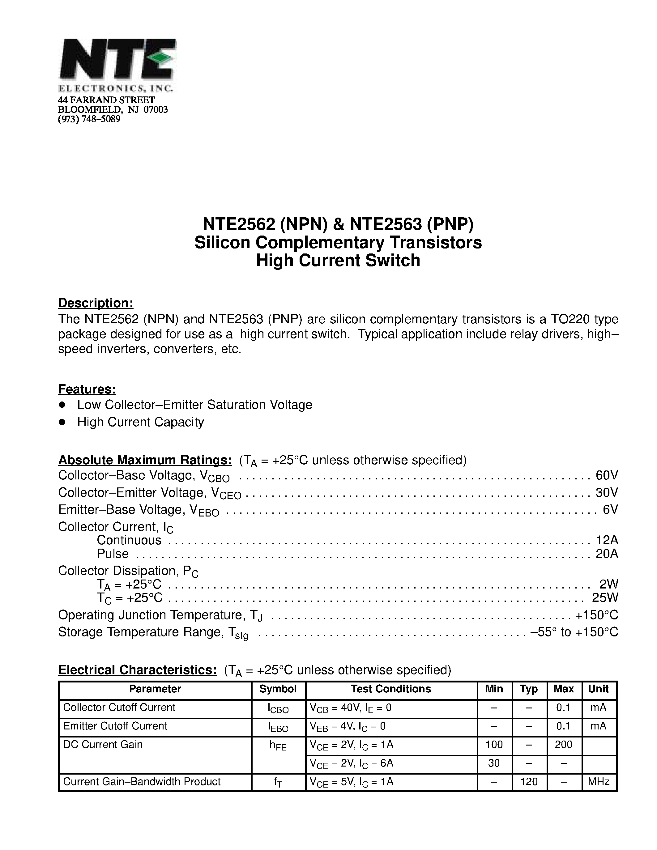 Datasheet NTE2562 - Silicon Complementary Transistors High Current Switch page 1