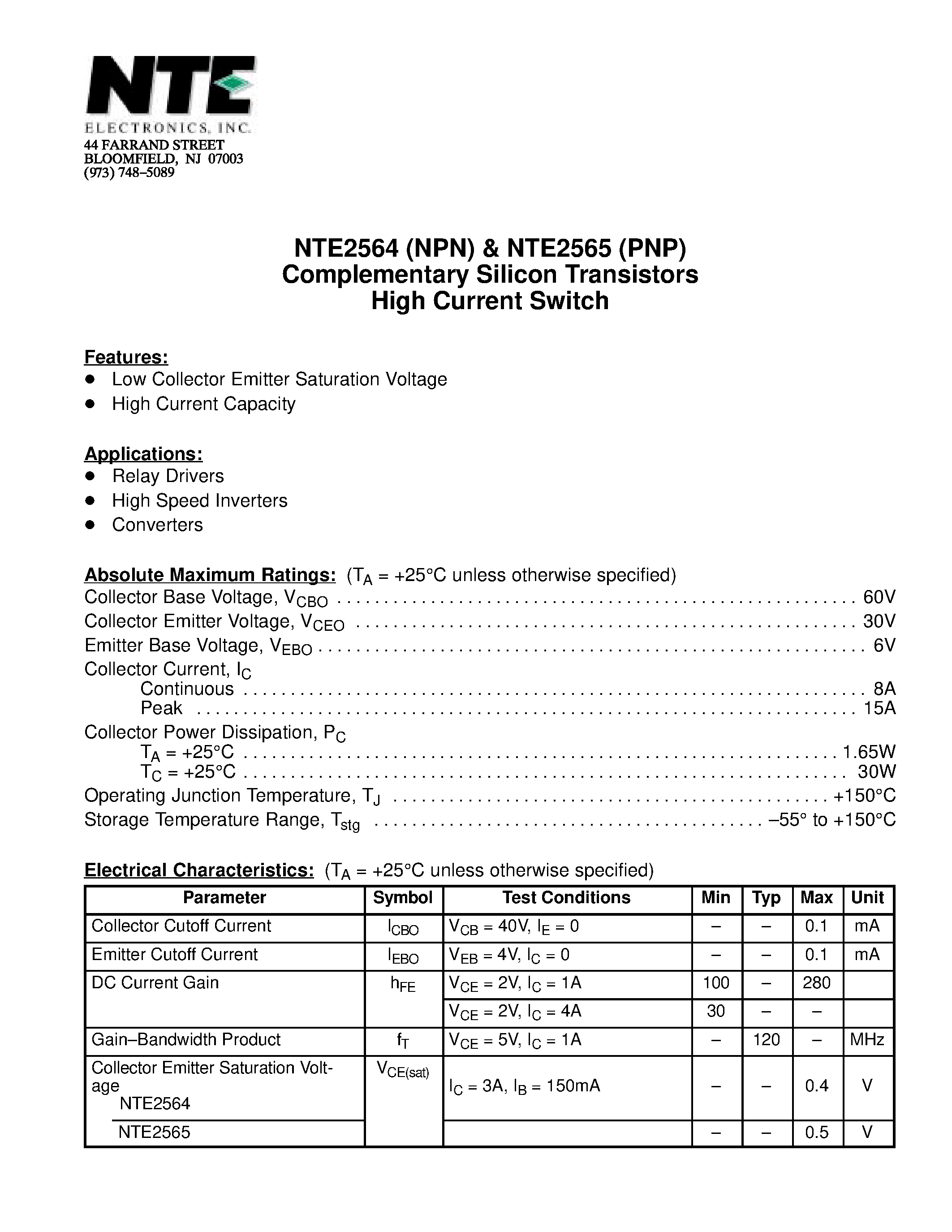 Datasheet NTE2564 - Complementary Silicon Transistors High Current Switch page 1