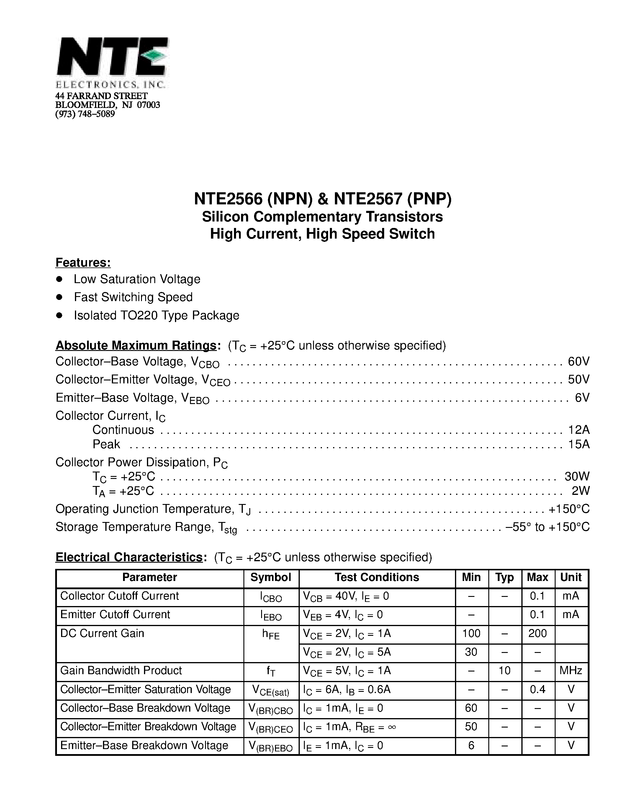 Datasheet NTE2566 - Silicon Complementary Transistors High Current / High Speed Switch page 1