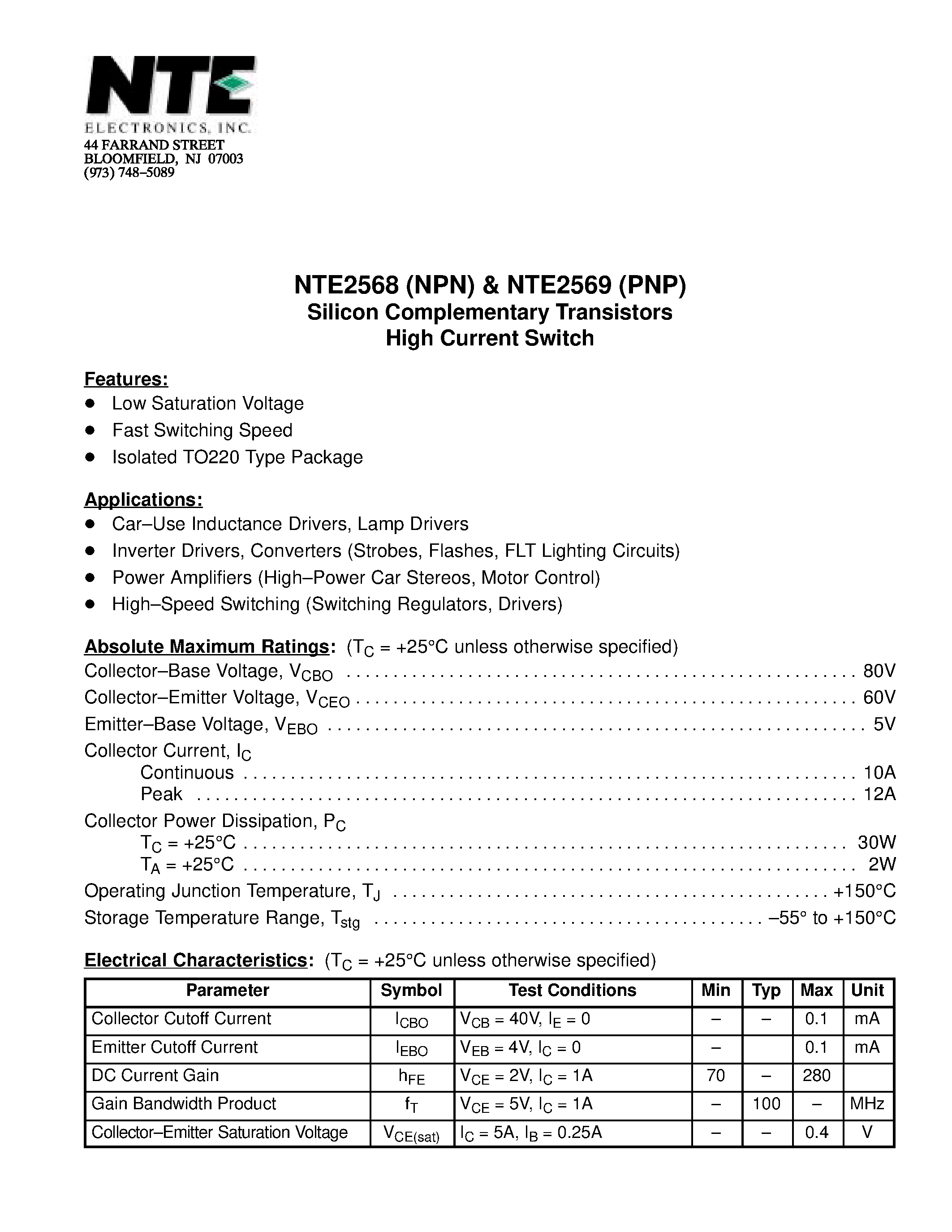 Datasheet NTE2568 - Silicon Complementary Transistors High Current Switch page 1