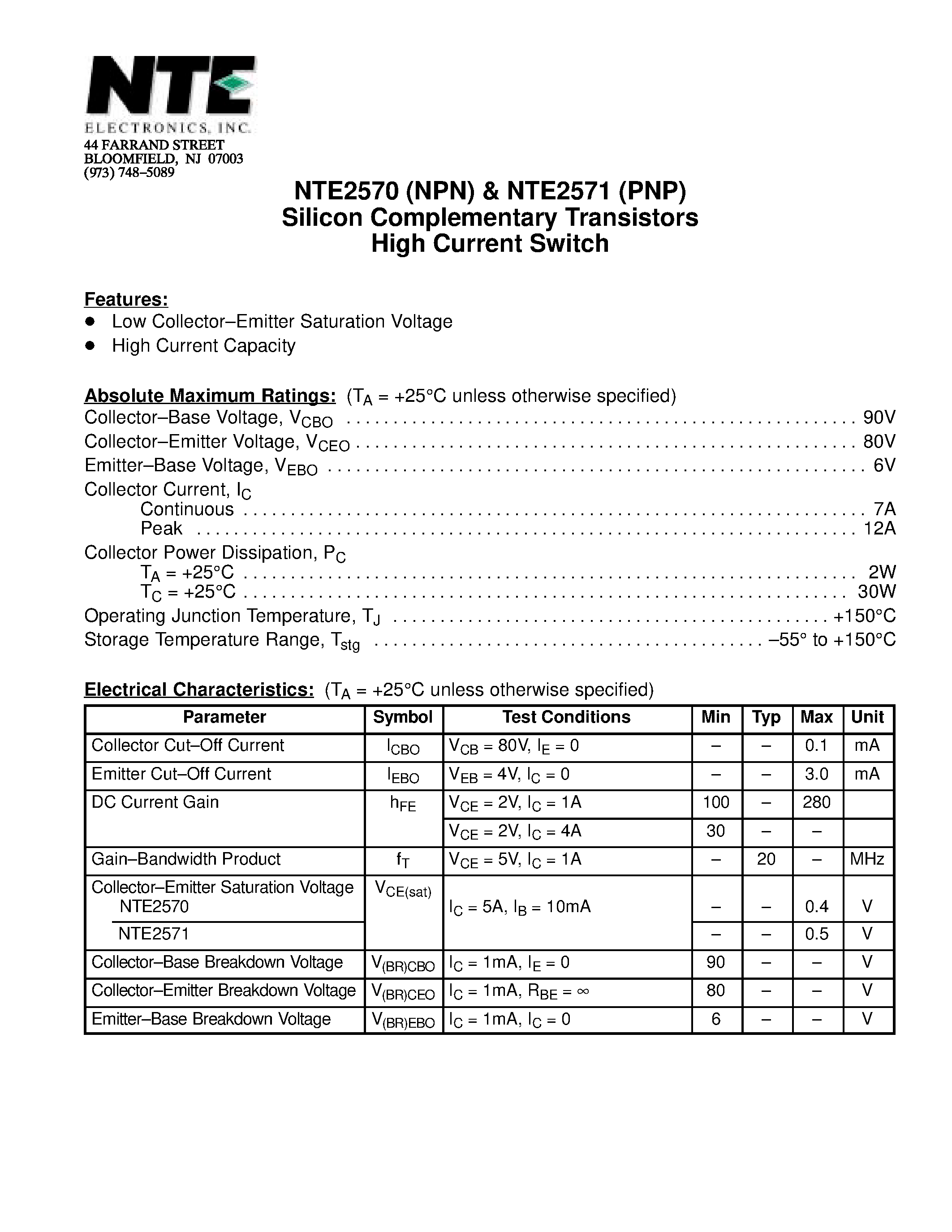 Datasheet NTE2570 - Silicon Complementary Transistors High Current Switch page 1