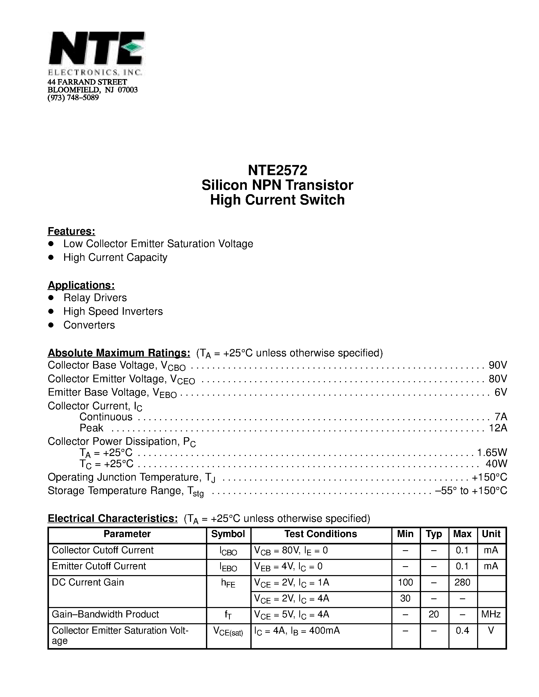 Datasheet NTE2572 page 1 Datasheet NTE2572 - Silicon NPN Transistor High Current Switch page 1