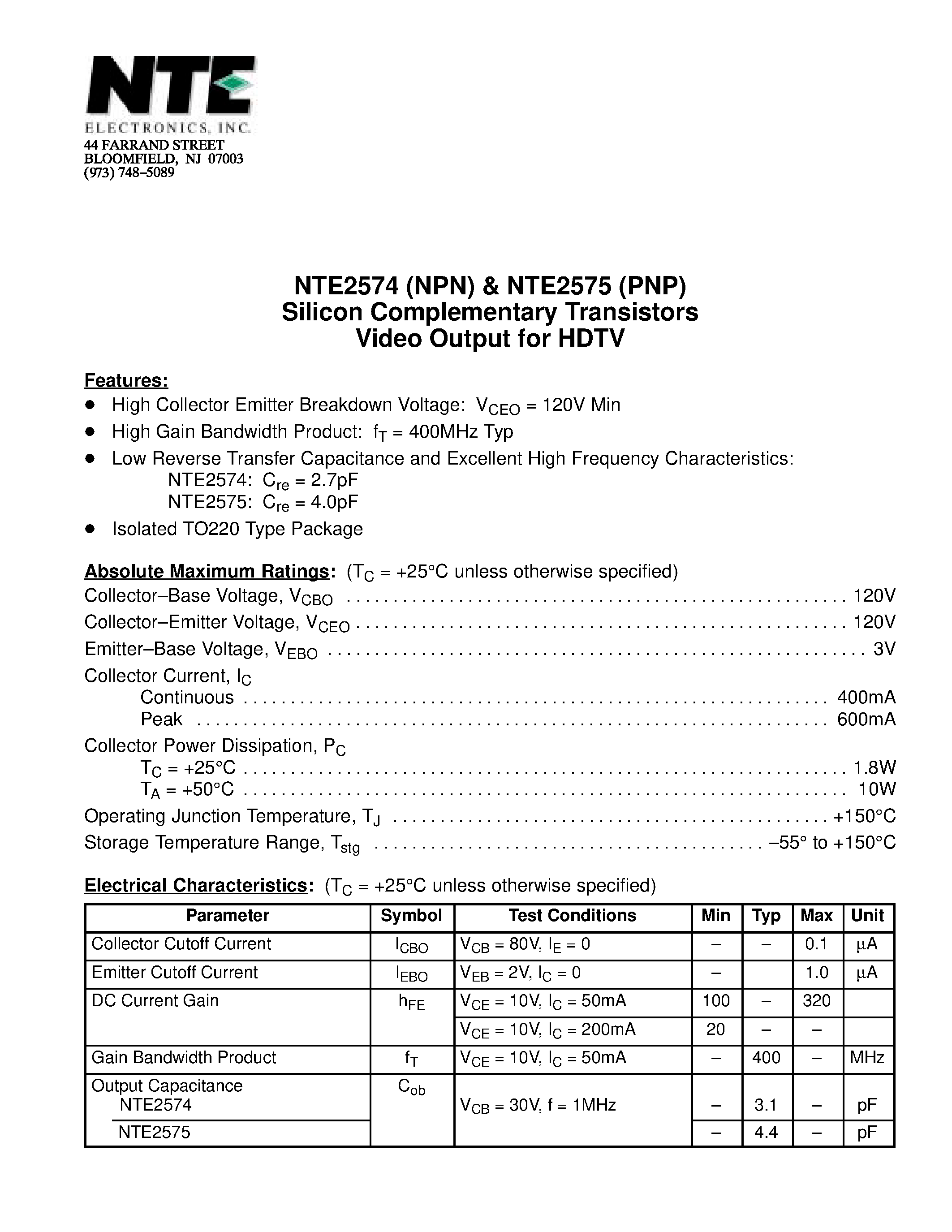 Datasheet NTE2574 - Silicon Complementary Transistors Video Output for HDTV page 1