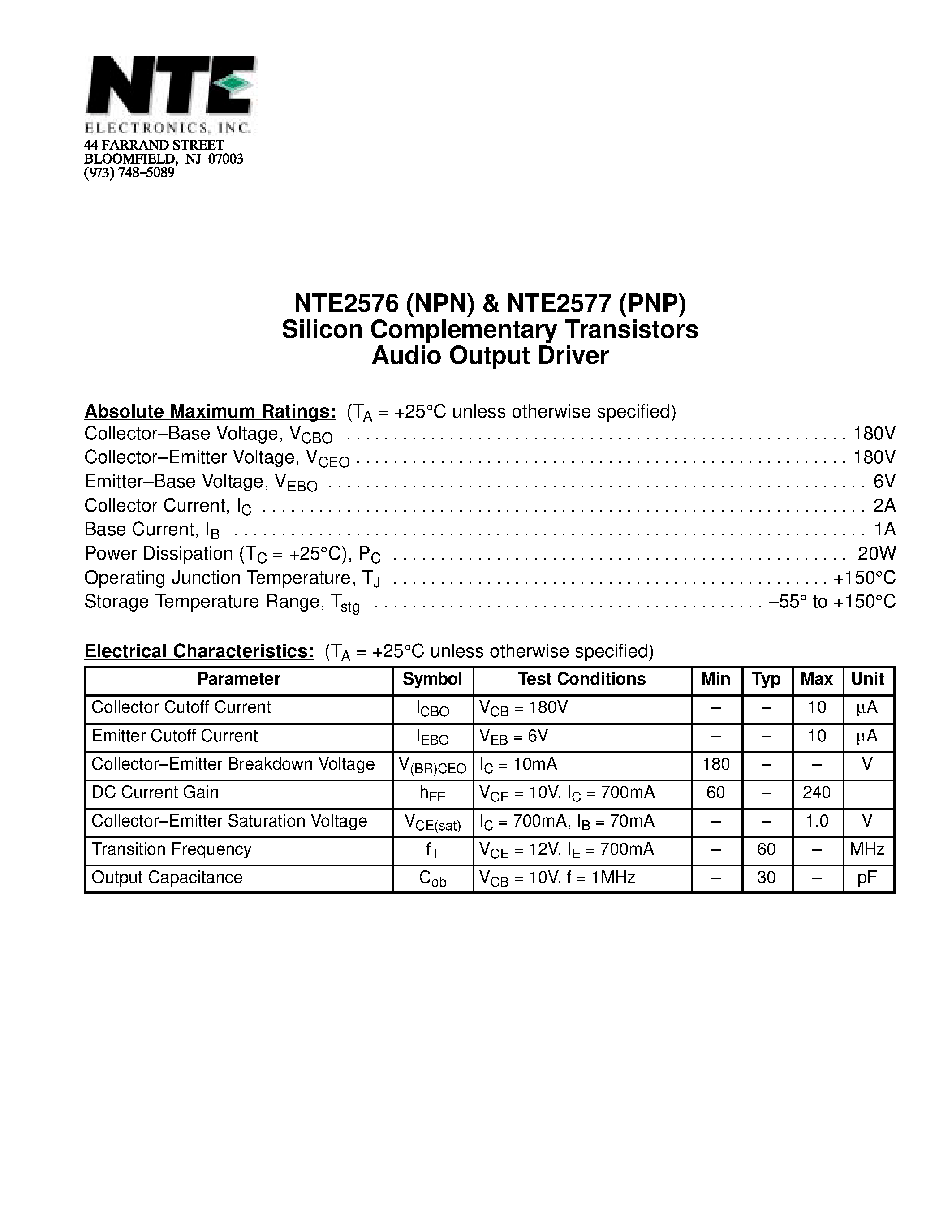 Datasheet NTE2576 - Silicon Complementary Transistors Audio Output Driver page 1