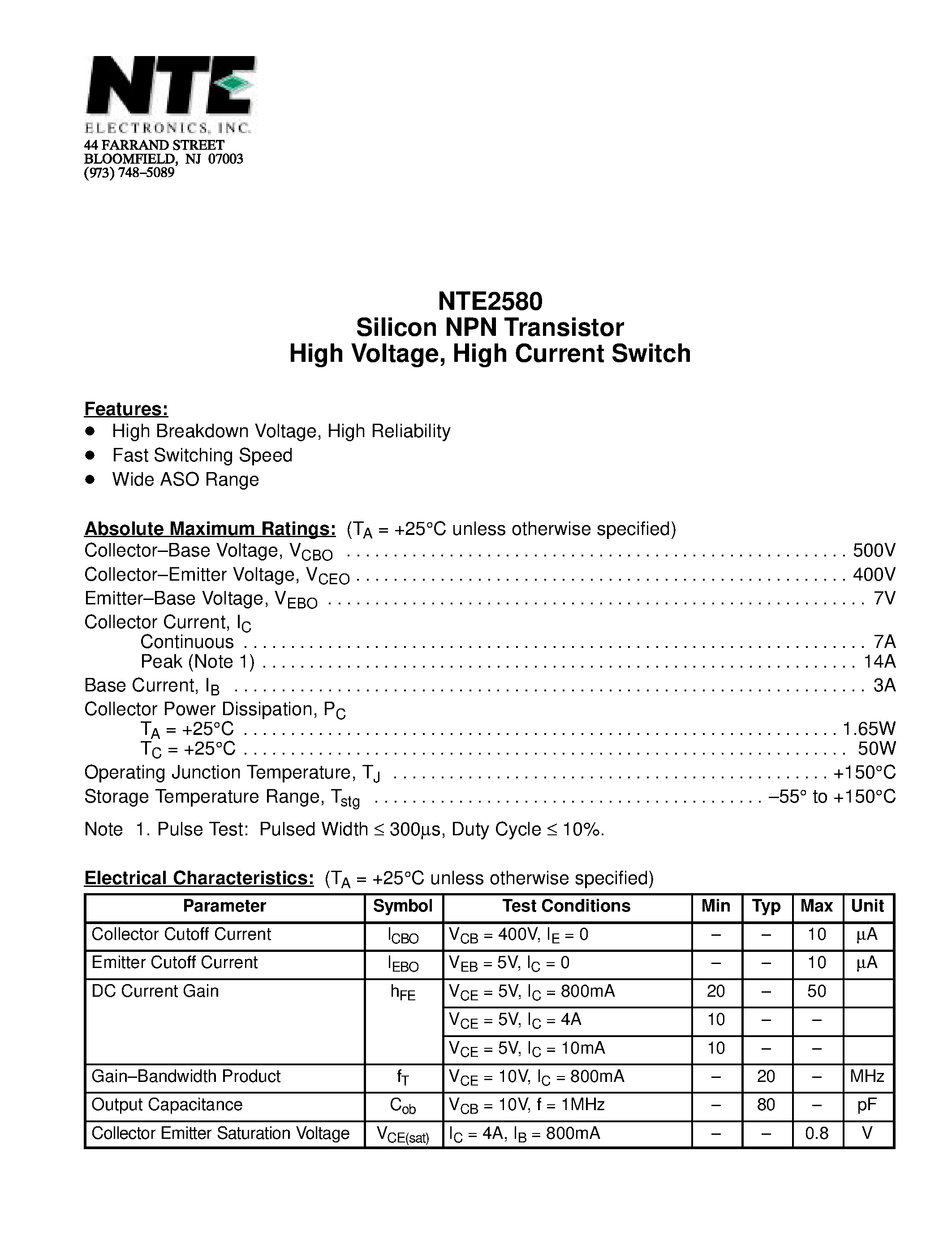 Datasheet NTE2580 page 1 Datasheet NTE2580 - Silicon NPN Transistor High Voltage / High Current Switch page 1