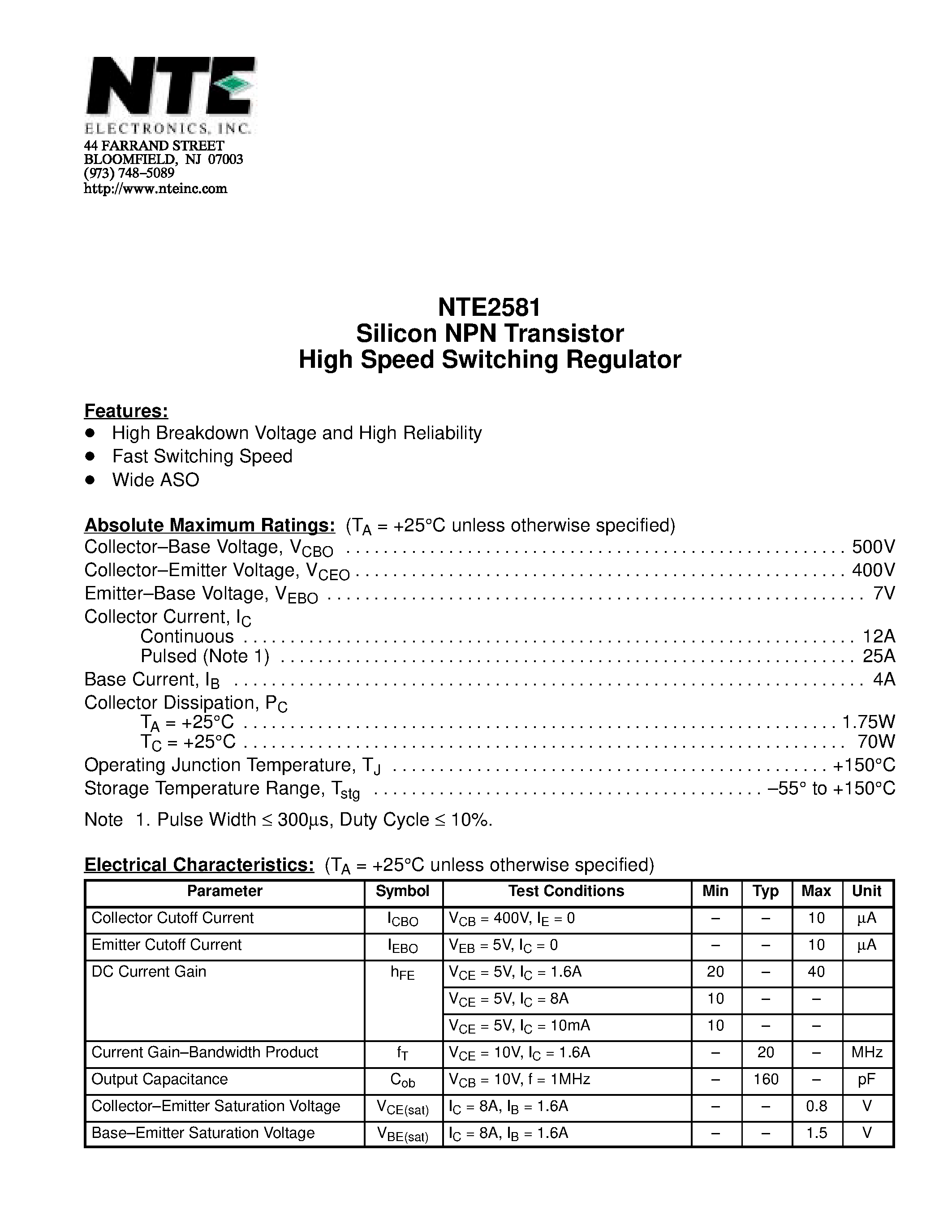 Datasheet NTE2581 page 1 Datasheet NTE2581 - Silicon NPN Transistor High Speed Switching Regulator page 1