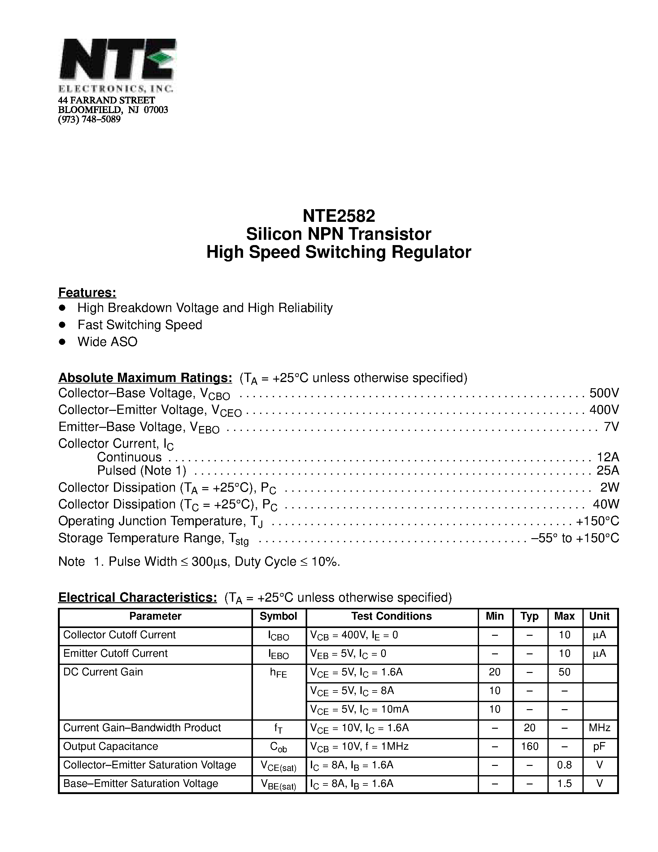 Datasheet NTE2582 page 1 Datasheet NTE2582 - Silicon NPN Transistor High Speed Switching Regulator page 1
