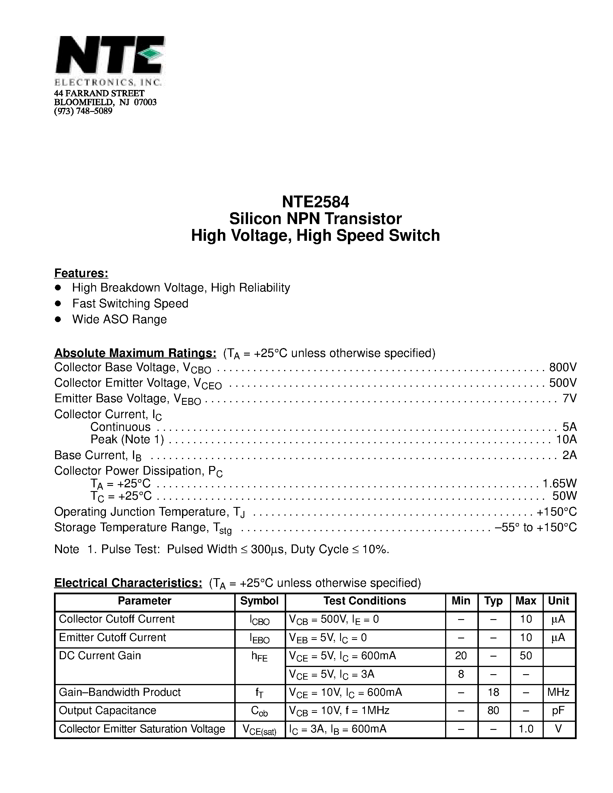 Datasheet NTE2584 page 1 Datasheet NTE2584 - Silicon NPN Transistor High Voltage / High Speed Switch page 1