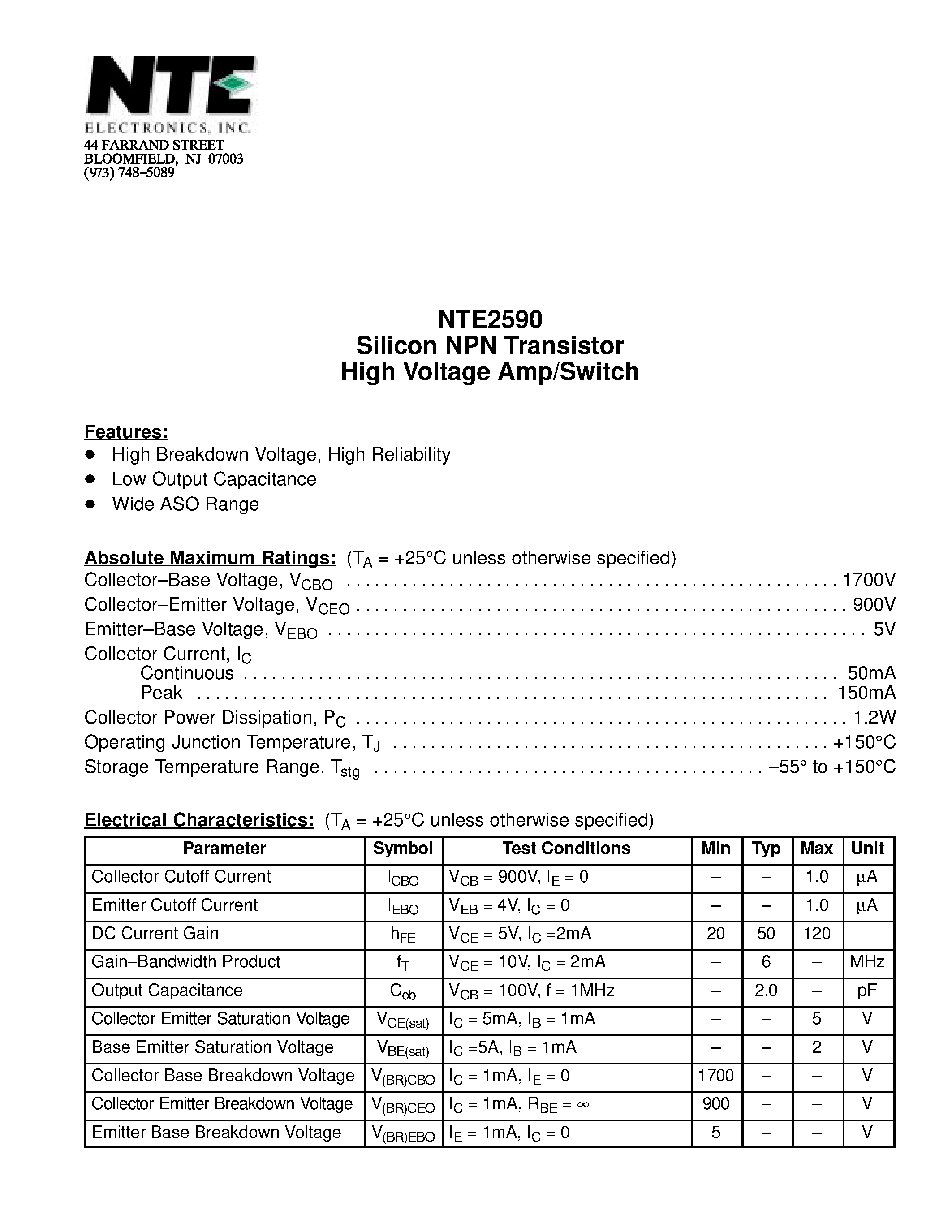 Datasheet NTE2590 page 1 Datasheet NTE2590 - Silicon NPN Transistor High Voltage Amp/Switch page 1