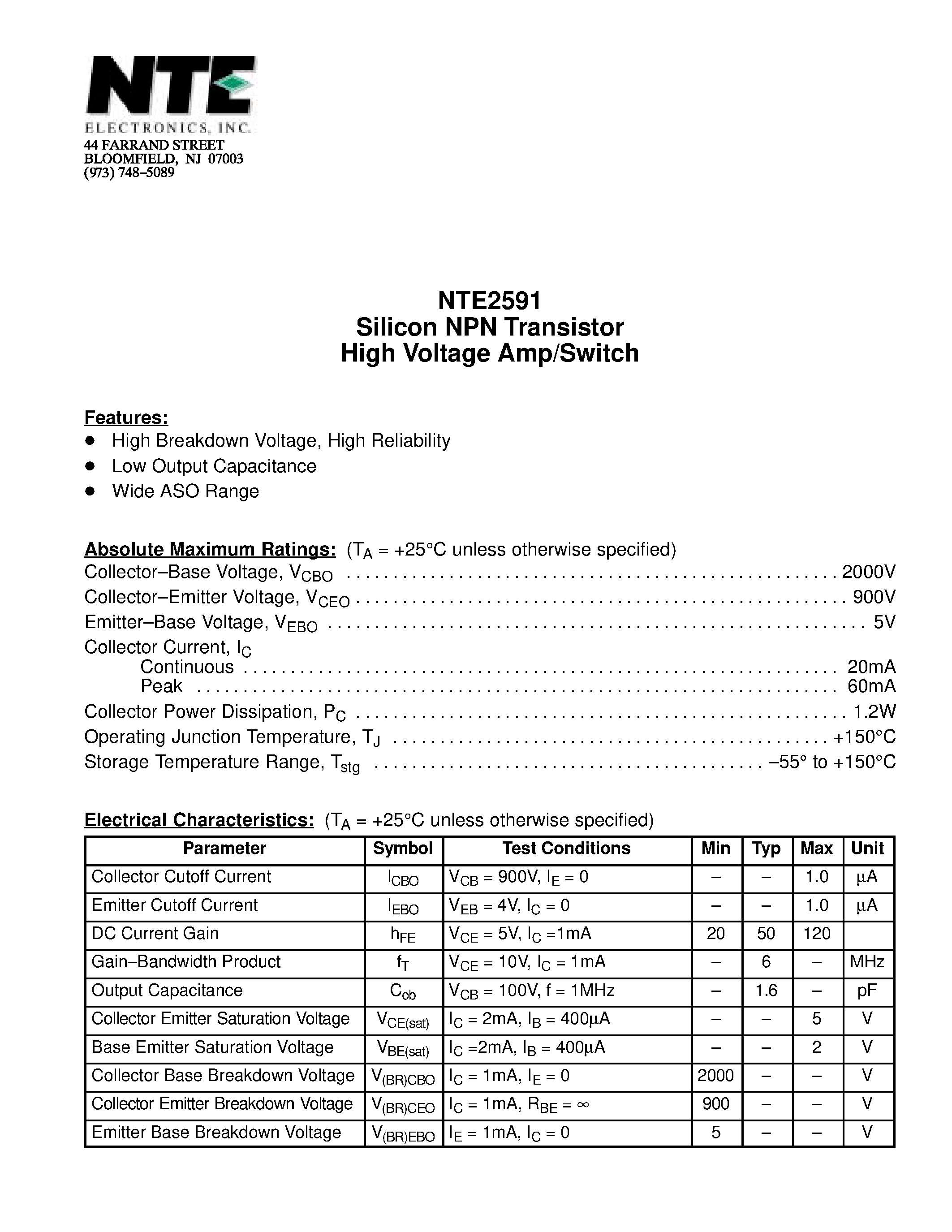 Datasheet NTE2591 page 1 Datasheet NTE2591 - Silicon NPN Transistor High Voltage Amp/Switch page 1