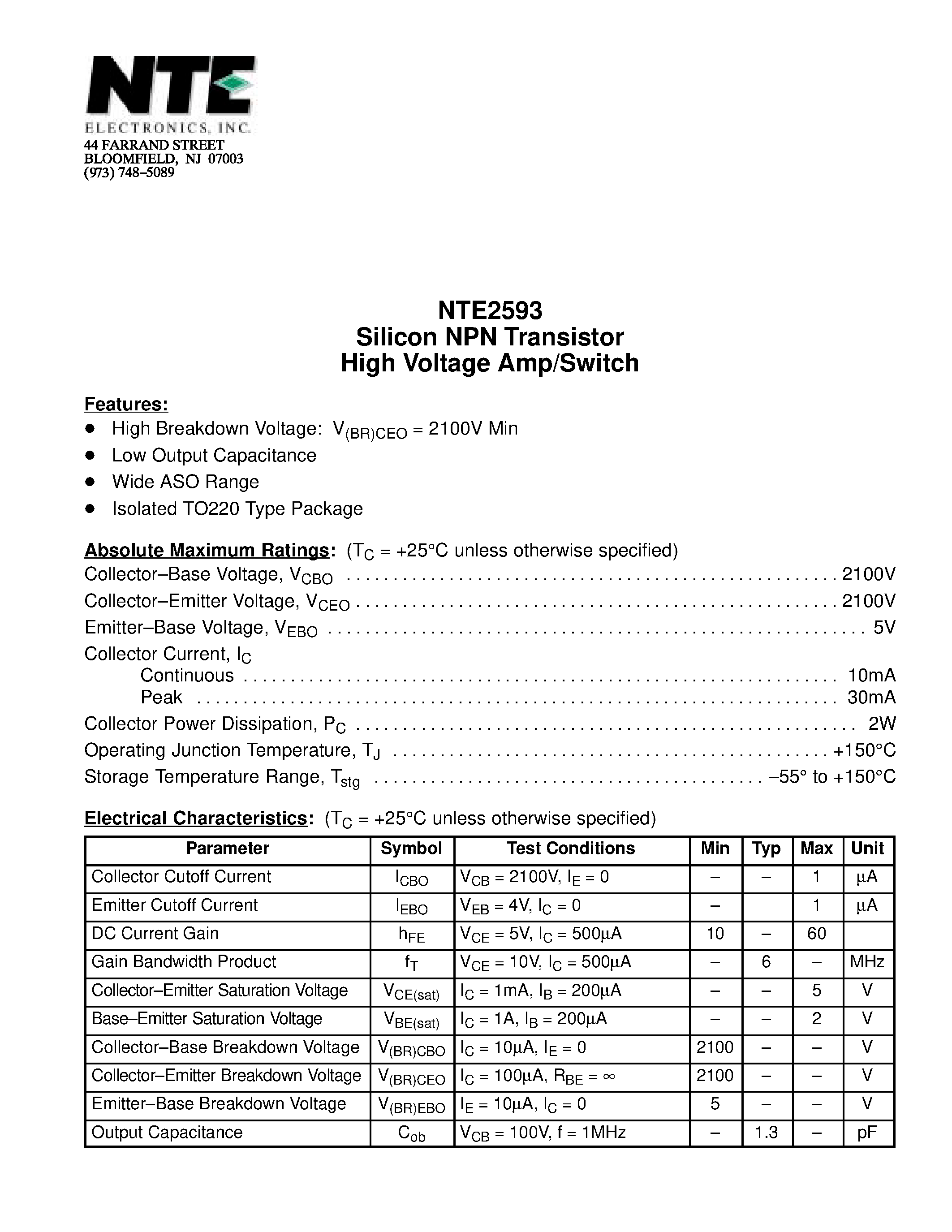 Datasheet NTE2593 page 1 Datasheet NTE2593 - Silicon NPN Transistor High Voltage Amp/Switch page 1