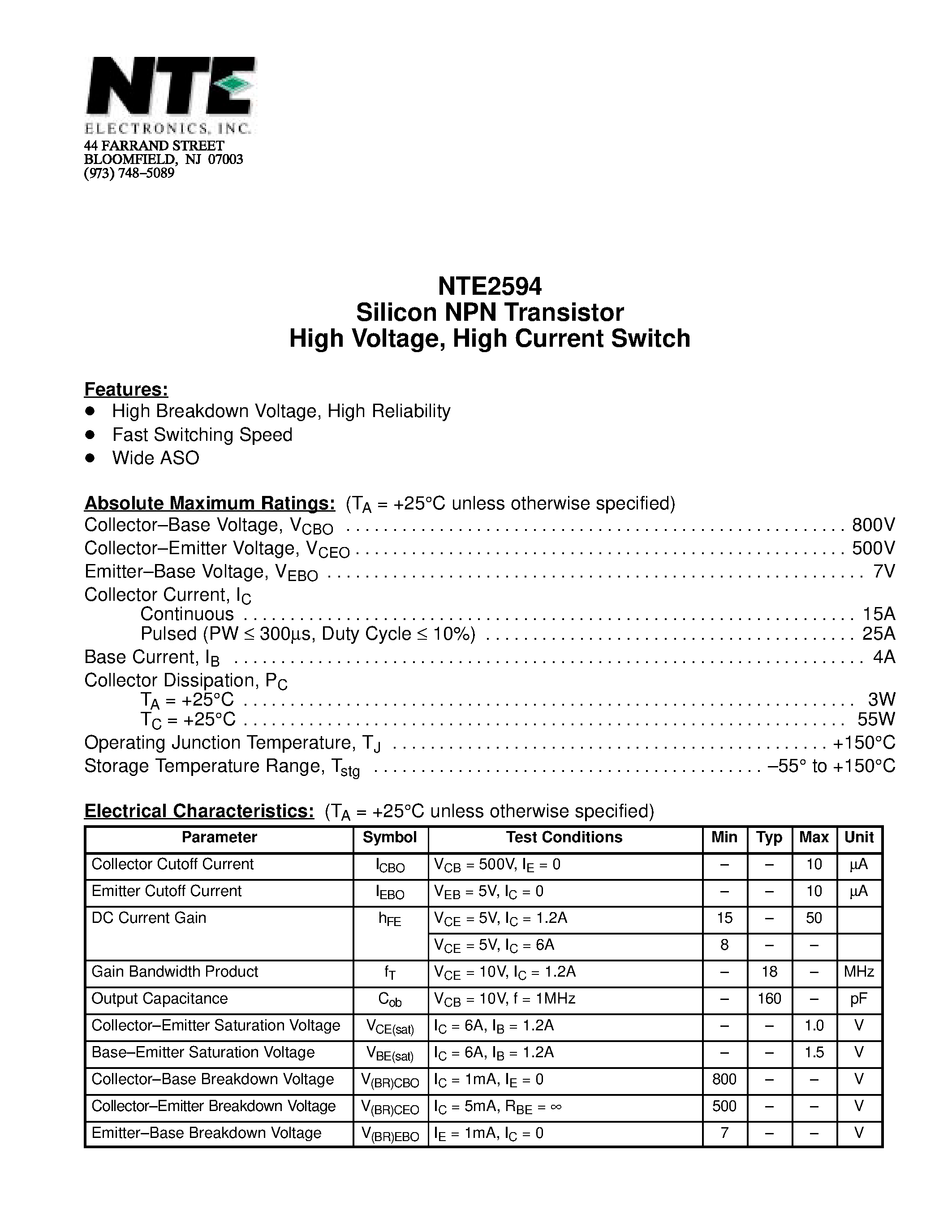 Datasheet NTE2594 page 1 Datasheet NTE2594 - Silicon NPN Transistor High Voltage / High Current Switch page 1