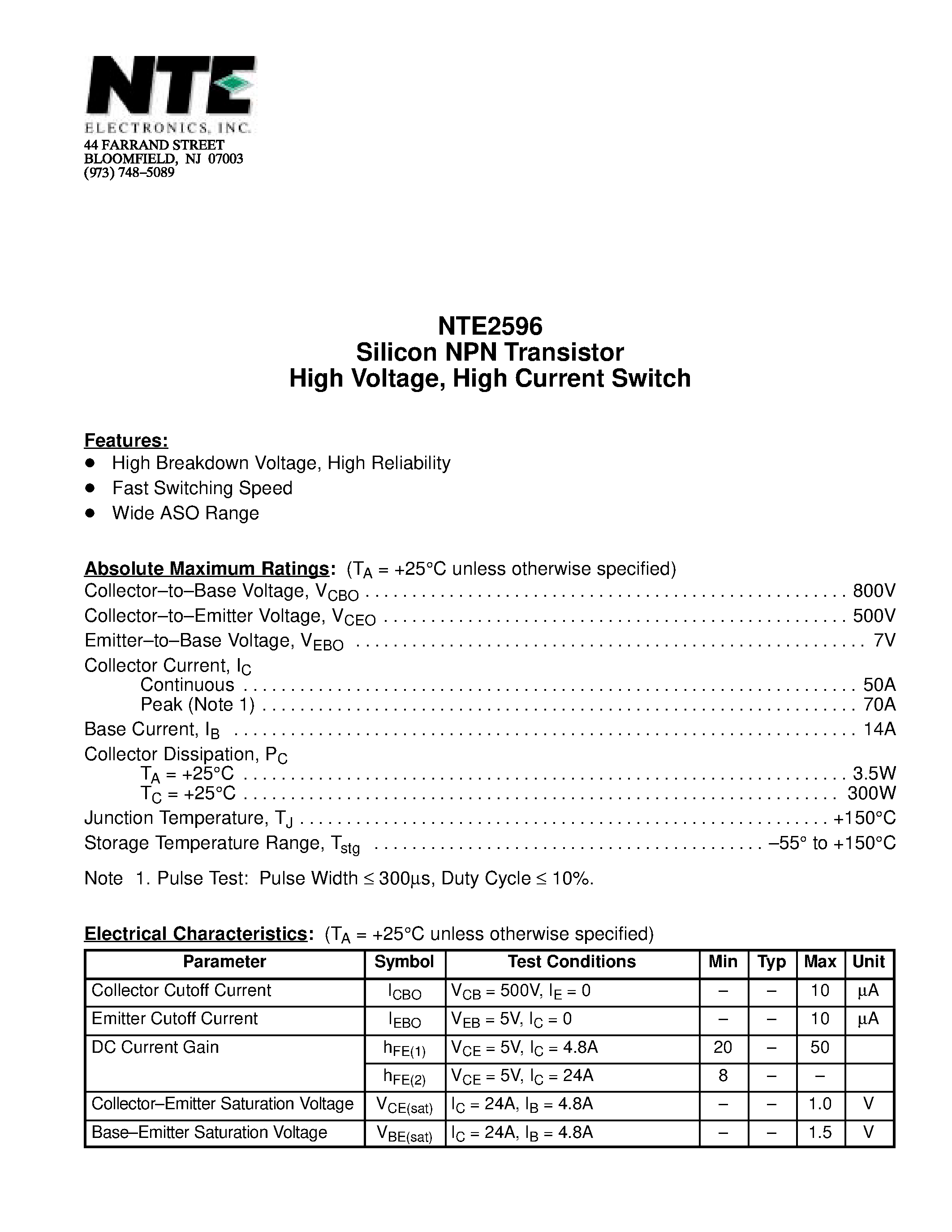 Datasheet NTE2596 page 1 Datasheet NTE2596 - Silicon NPN Transistor High Voltage / High Current Switch page 1