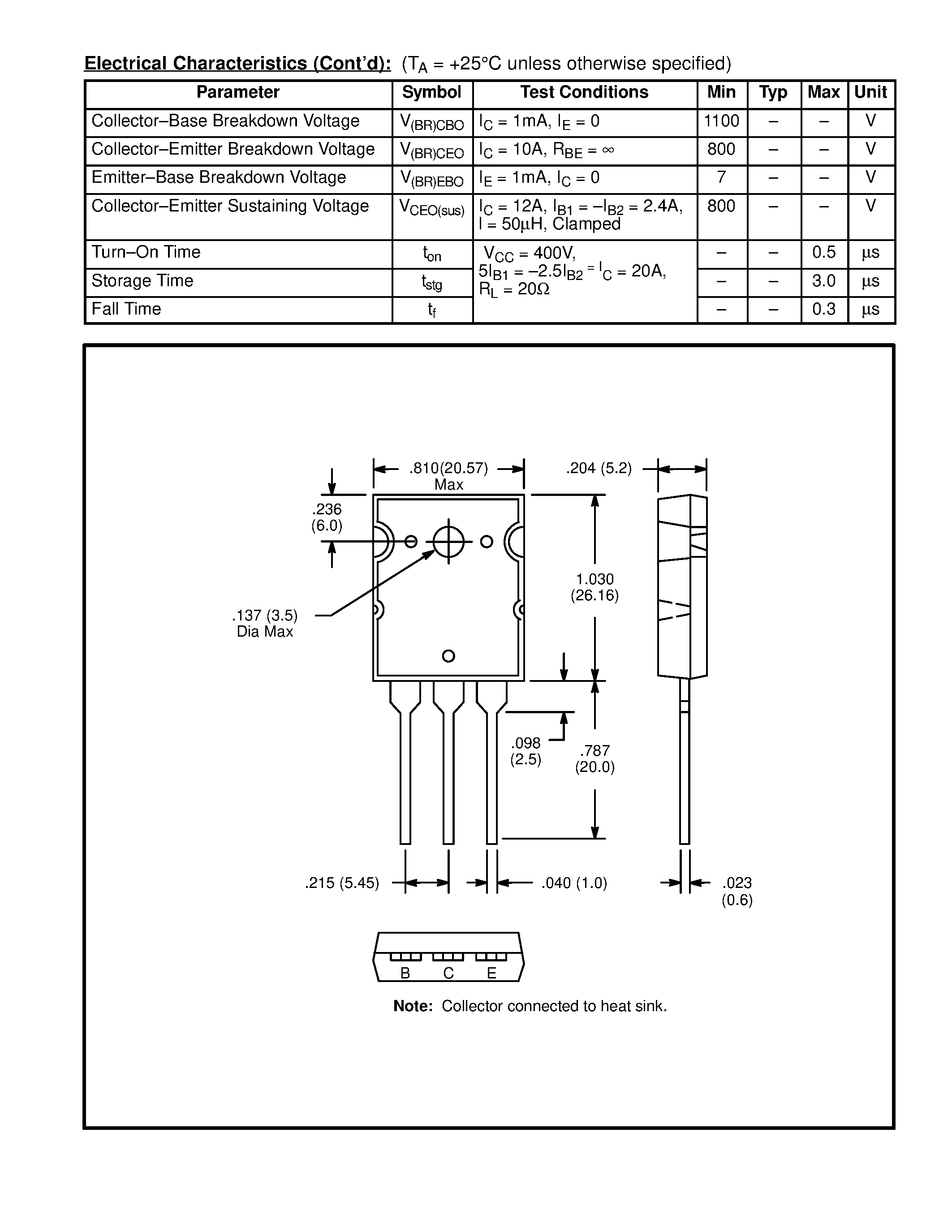 Datasheet NTE2598 page 2 Datasheet NTE2598 - Silicon NPN Transistor High Voltage / High Current Switch page 2