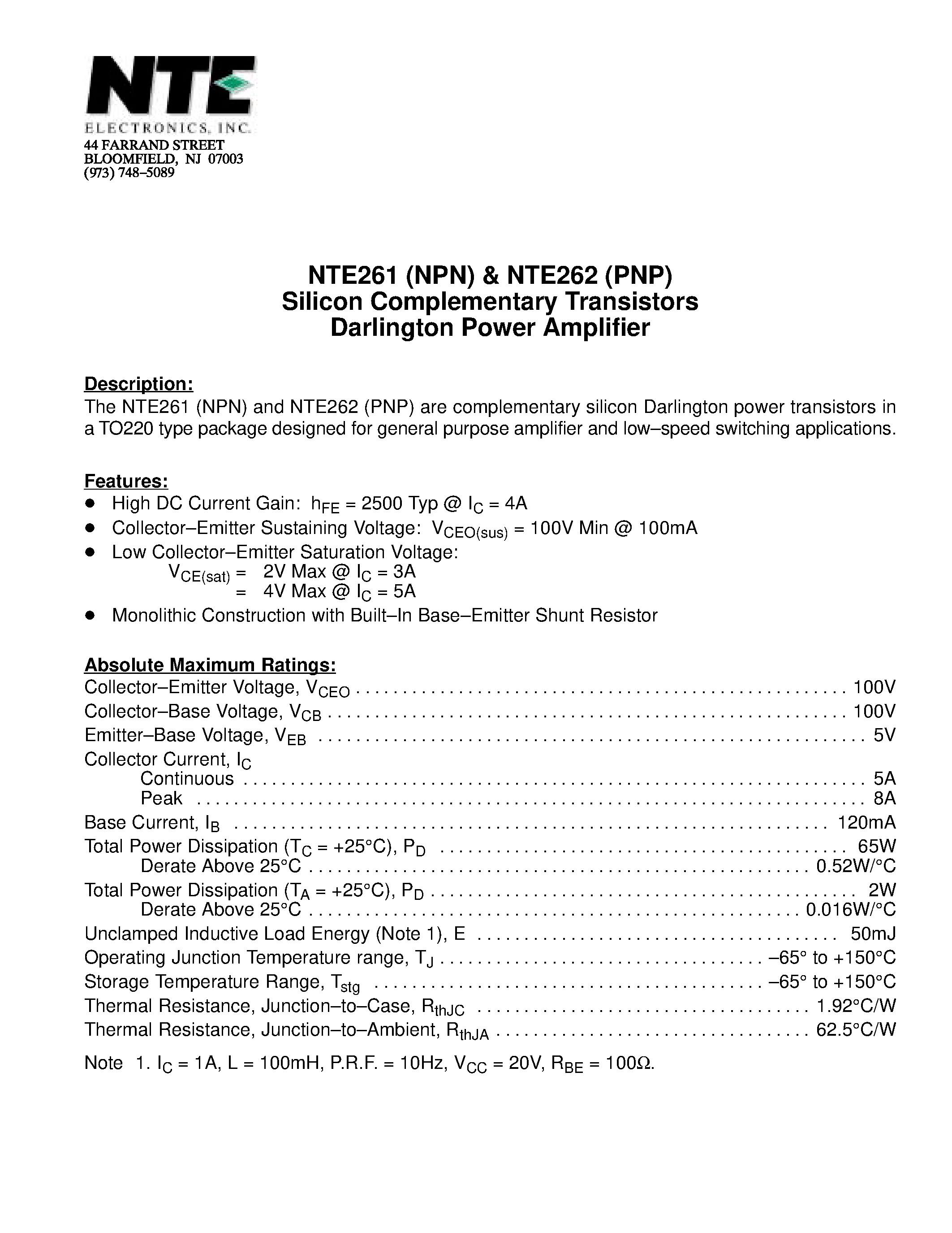 Datasheet NTE261 - Silicon Complementary Transistors Darlington Power Amplifier page 1