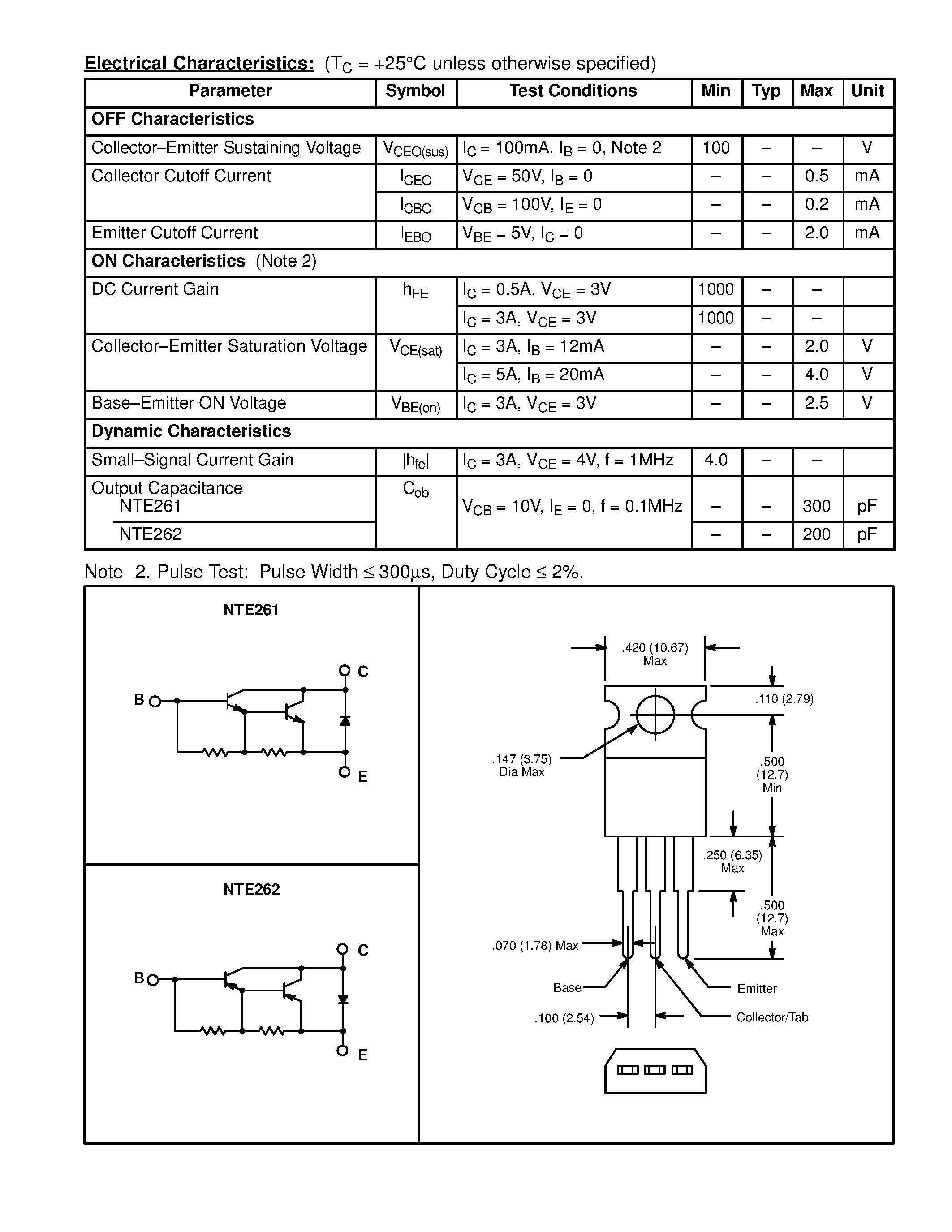 Datasheet NTE261 - Silicon Complementary Transistors Darlington Power Amplifier page 2