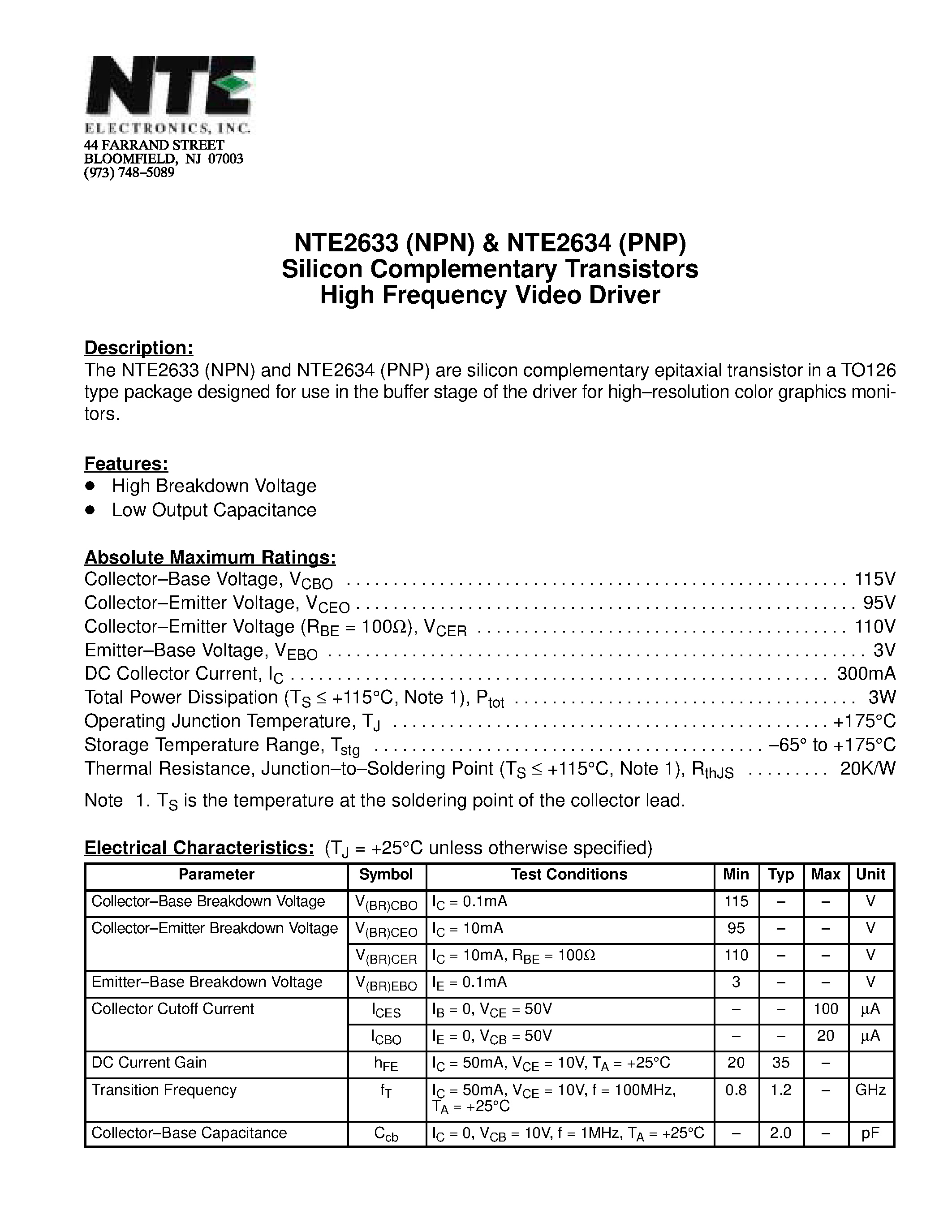 Datasheet NTE2633 - Silicon Complementary Transistors High Frequency Video Driver page 1
