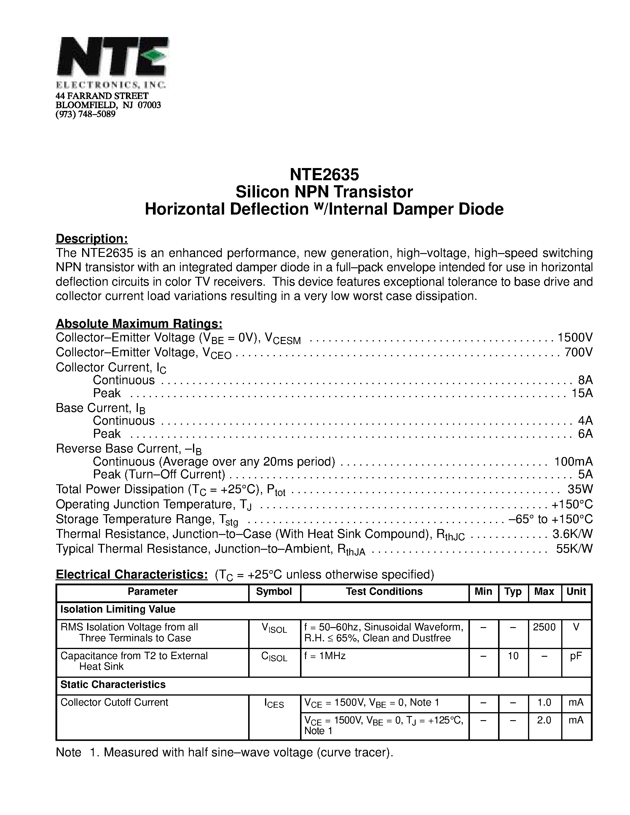 Даташит NTE2635 - Silicon NPN Transistor Horizontal Deflection w/Internal Damper Diode страница 1