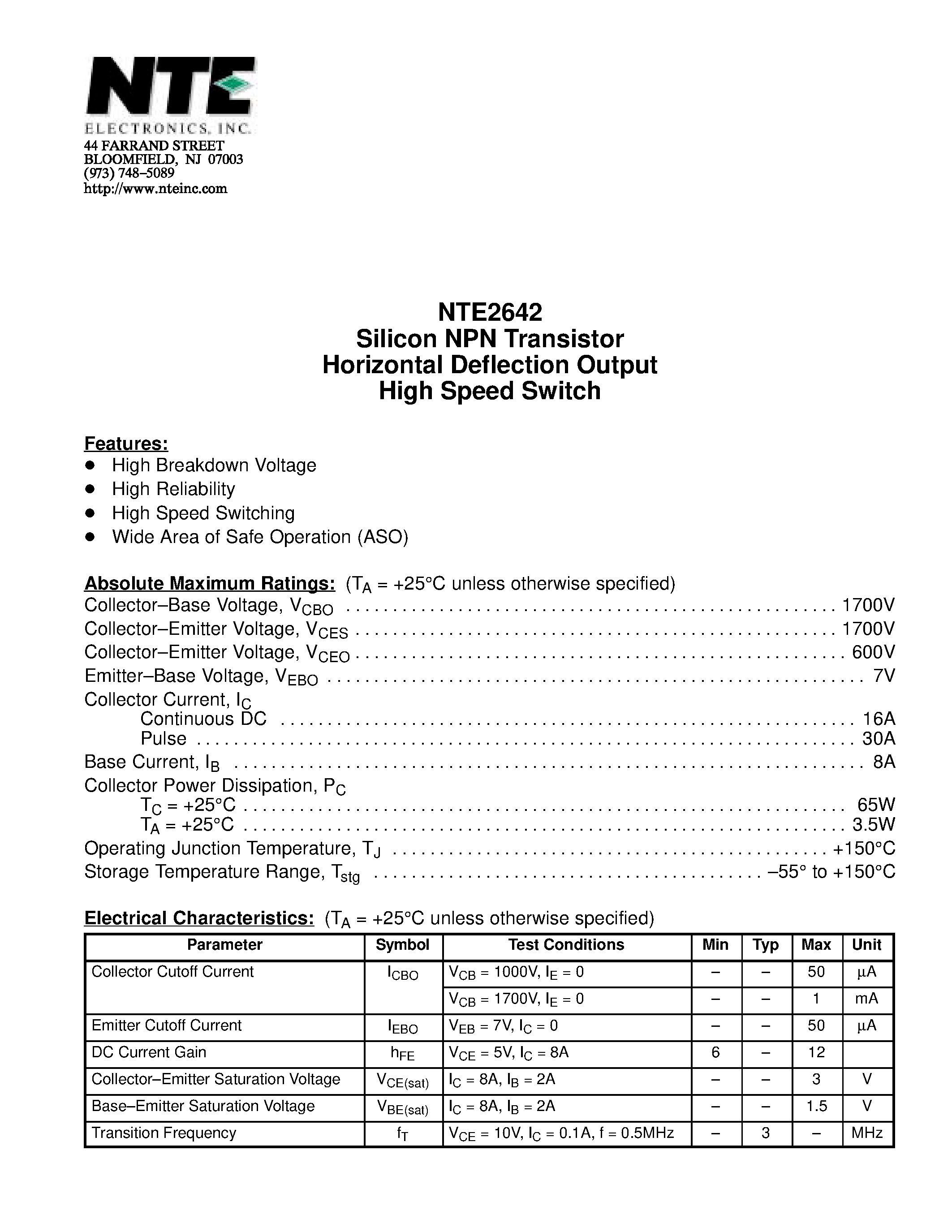 Datasheet NTE2642 page 1 Datasheet NTE2642 - Silicon NPN Transistor Horizontal Deflection Output High Speed Switch page 1