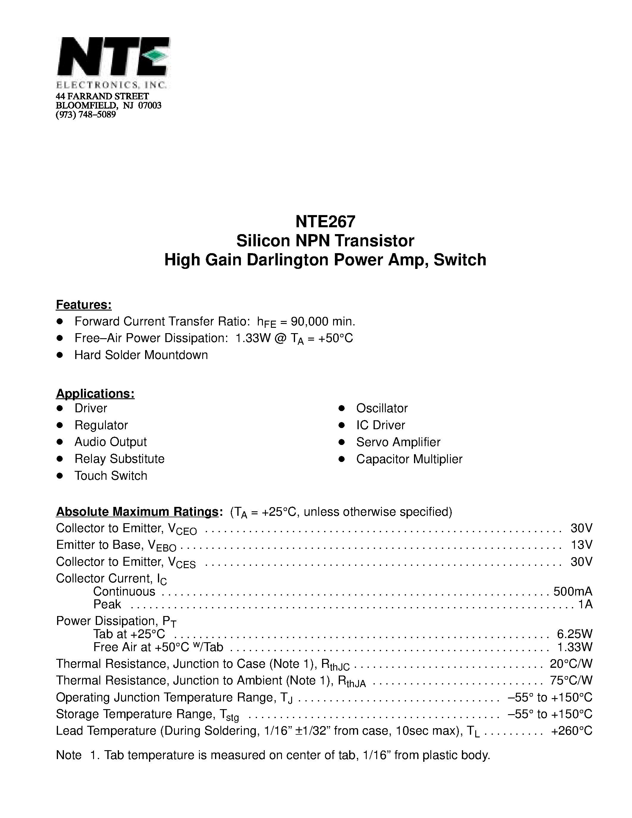 Datasheet NTE267 page 1 Datasheet NTE267 - Silicon NPN Transistor High Gain Darlington Power Amp / Switch page 1