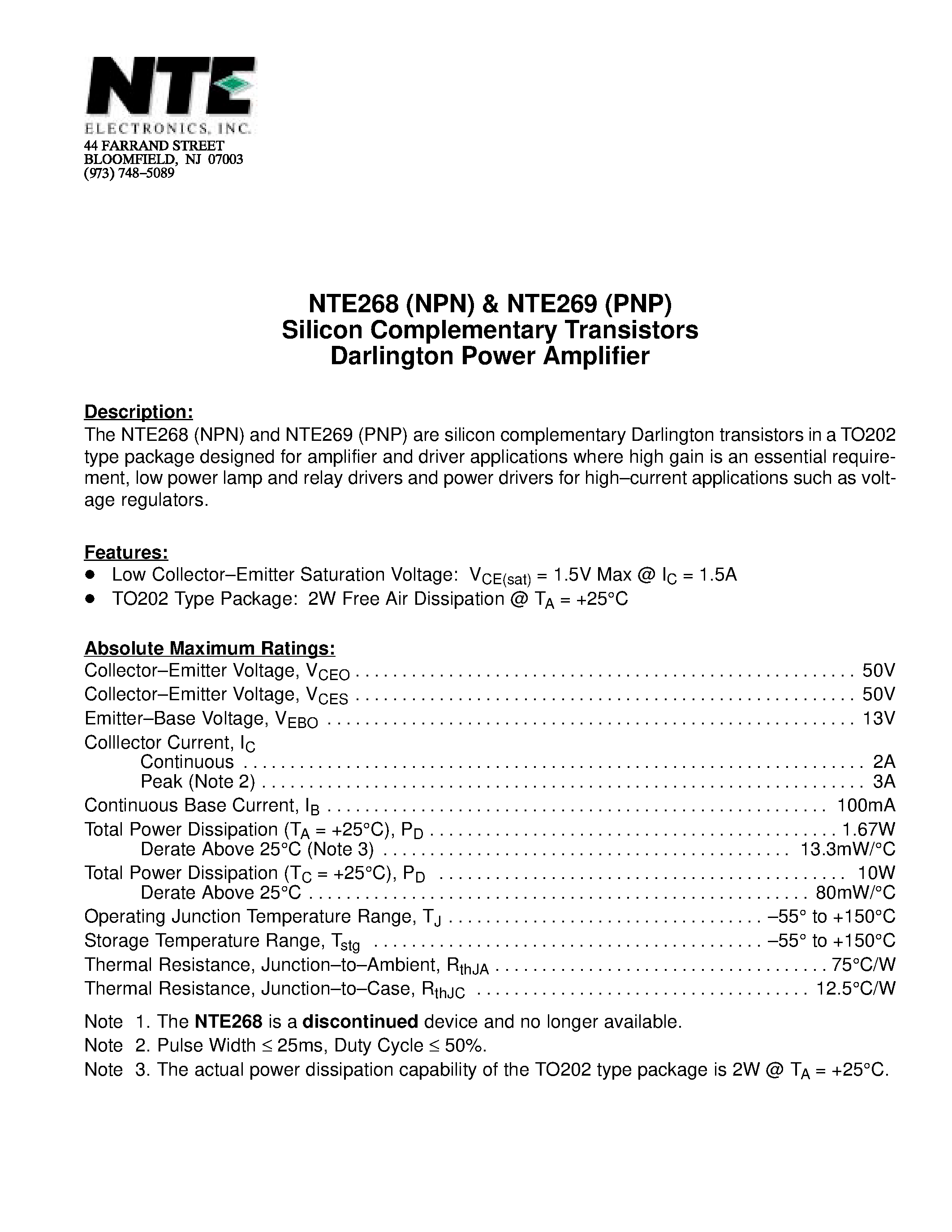 Datasheet NTE268 - Silicon Complementary Transistors Darlington Power Amplifier page 1