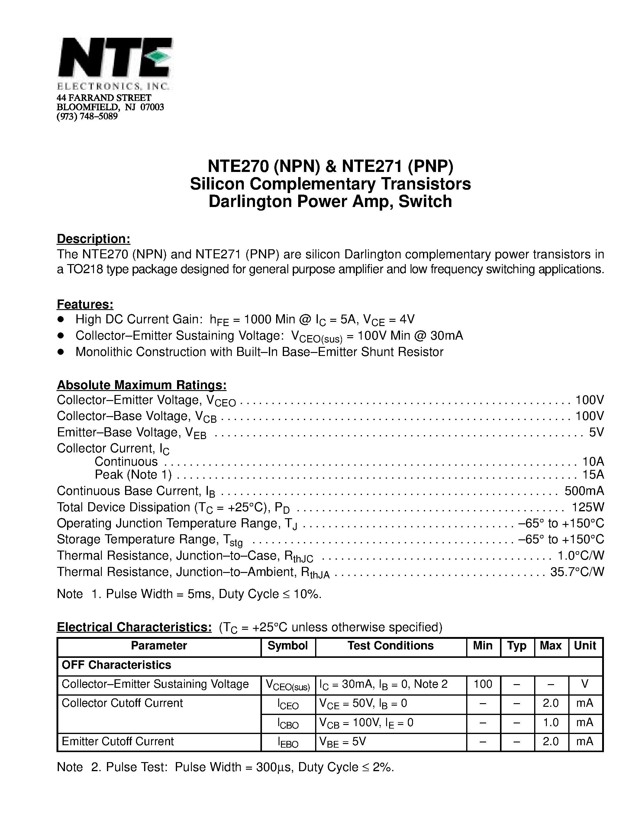 Datasheet NTE270 - Silicon Complementary Transistors Darlington Power Amp / Switch page 1