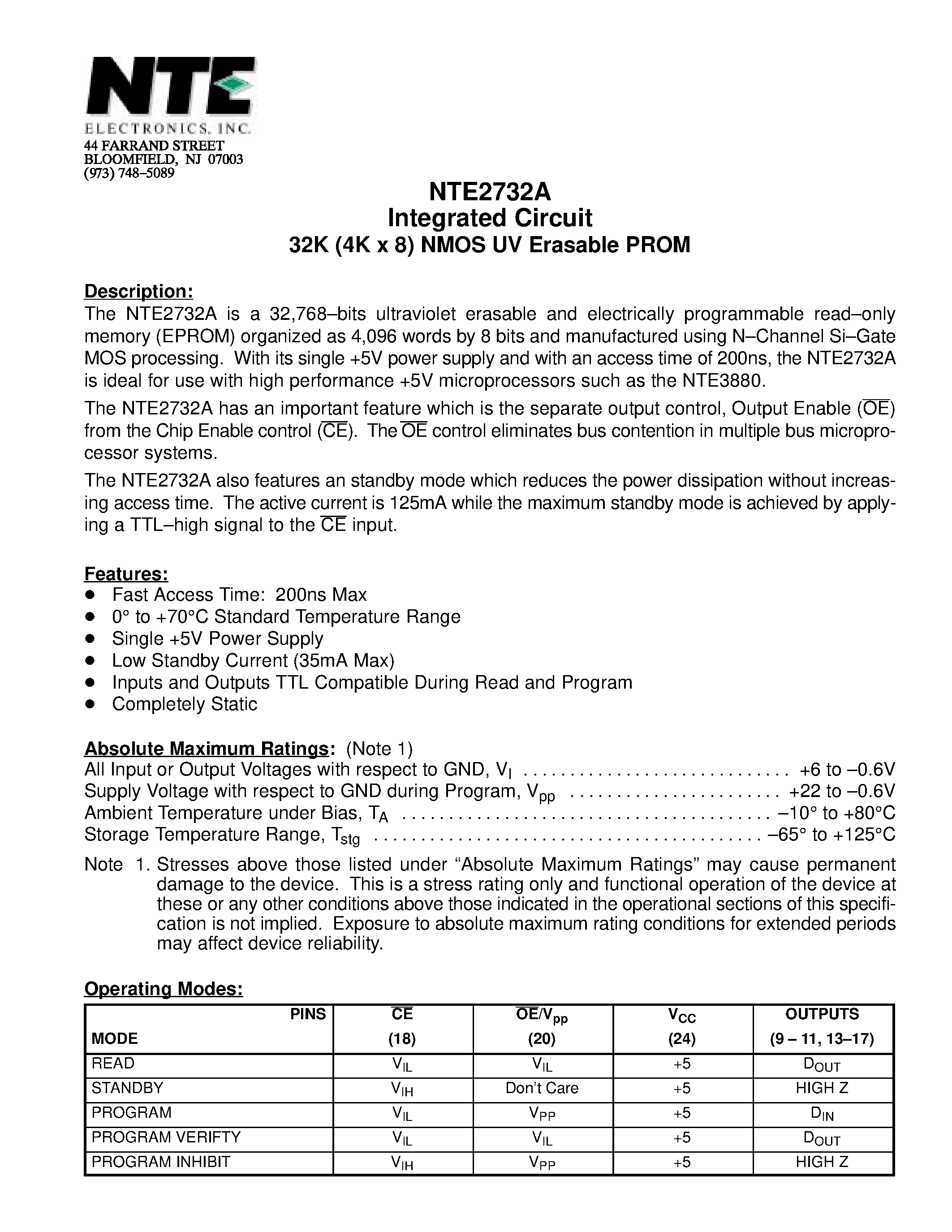 Datasheet NTE2732A - Integrated Circuit 32K (4K x 8) NMOS UV Erasable PROM page 1