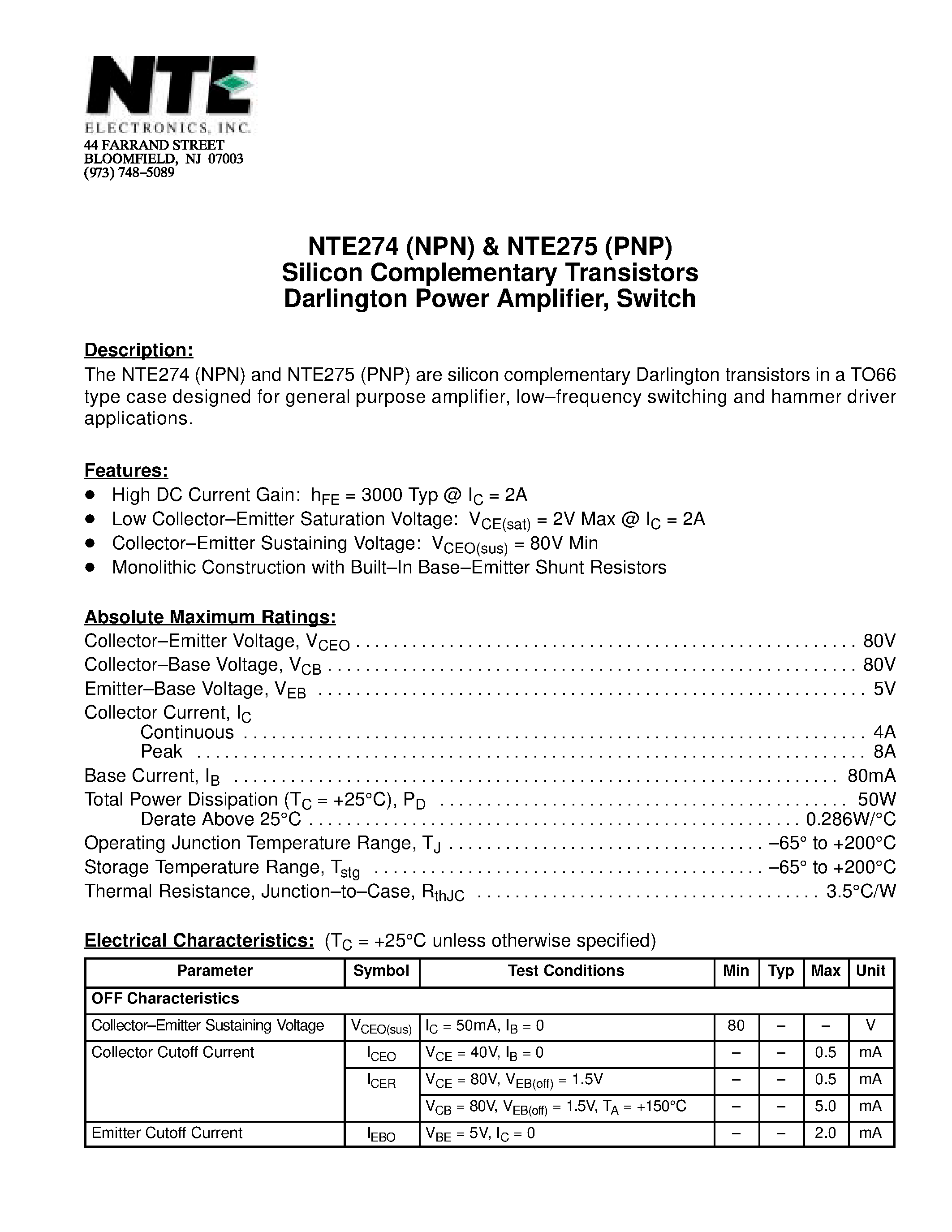 Datasheet NTE274 - Silicon Complementary Transistors Darlington Power Amplifier / Switch page 1
