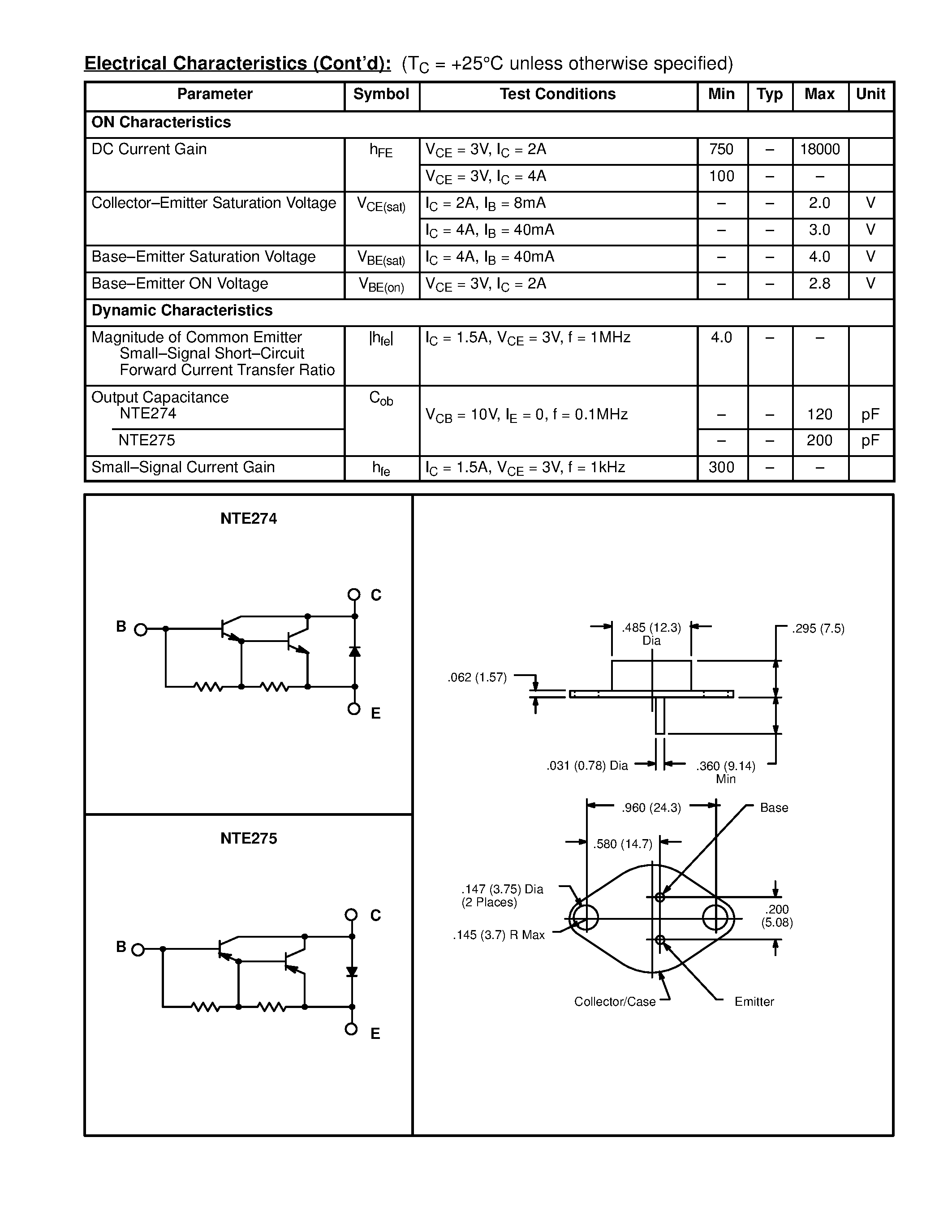 Datasheet NTE274 - Silicon Complementary Transistors Darlington Power Amplifier / Switch page 2