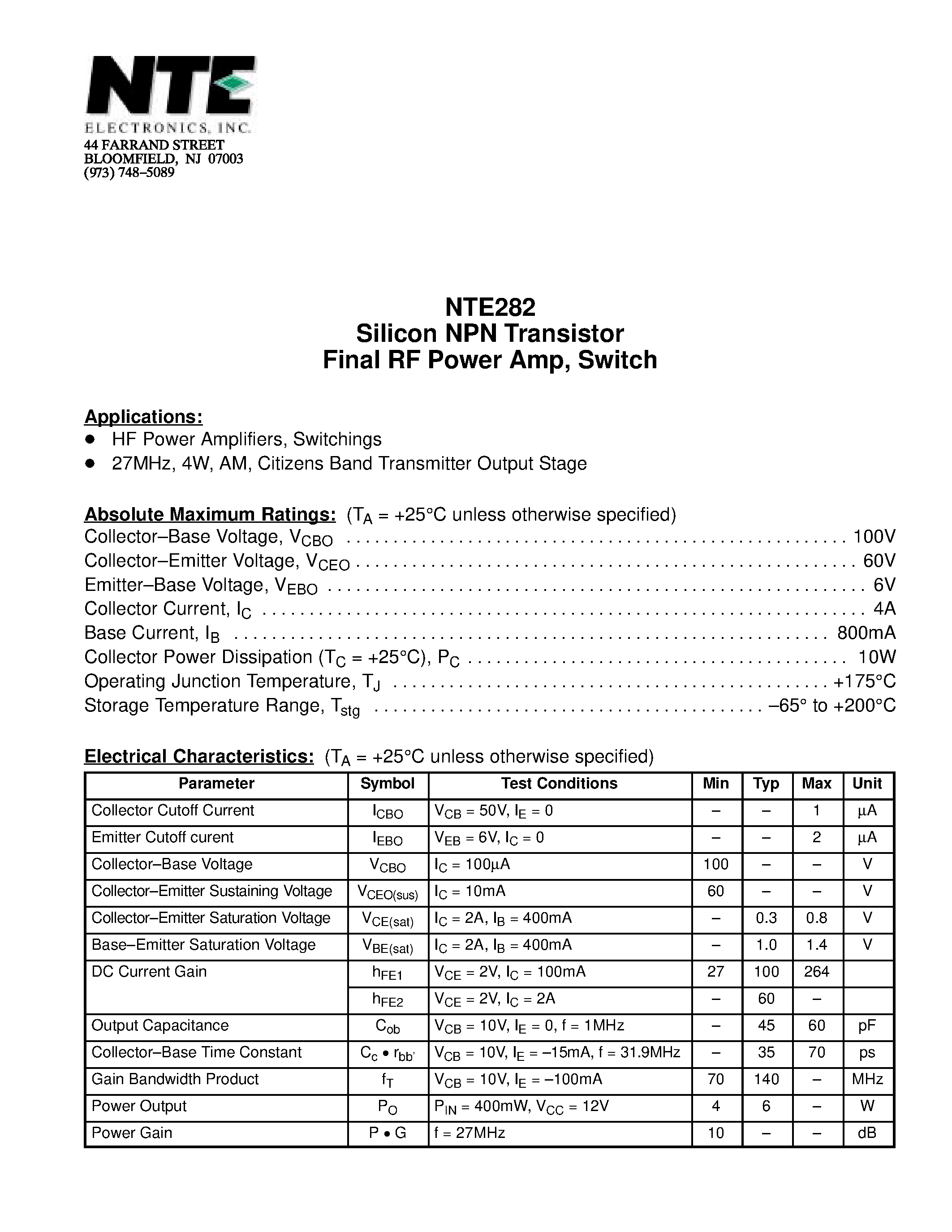 Datasheet NTE282 - Silicon NPN Transistor Final RF Power Amp / Switch page 1