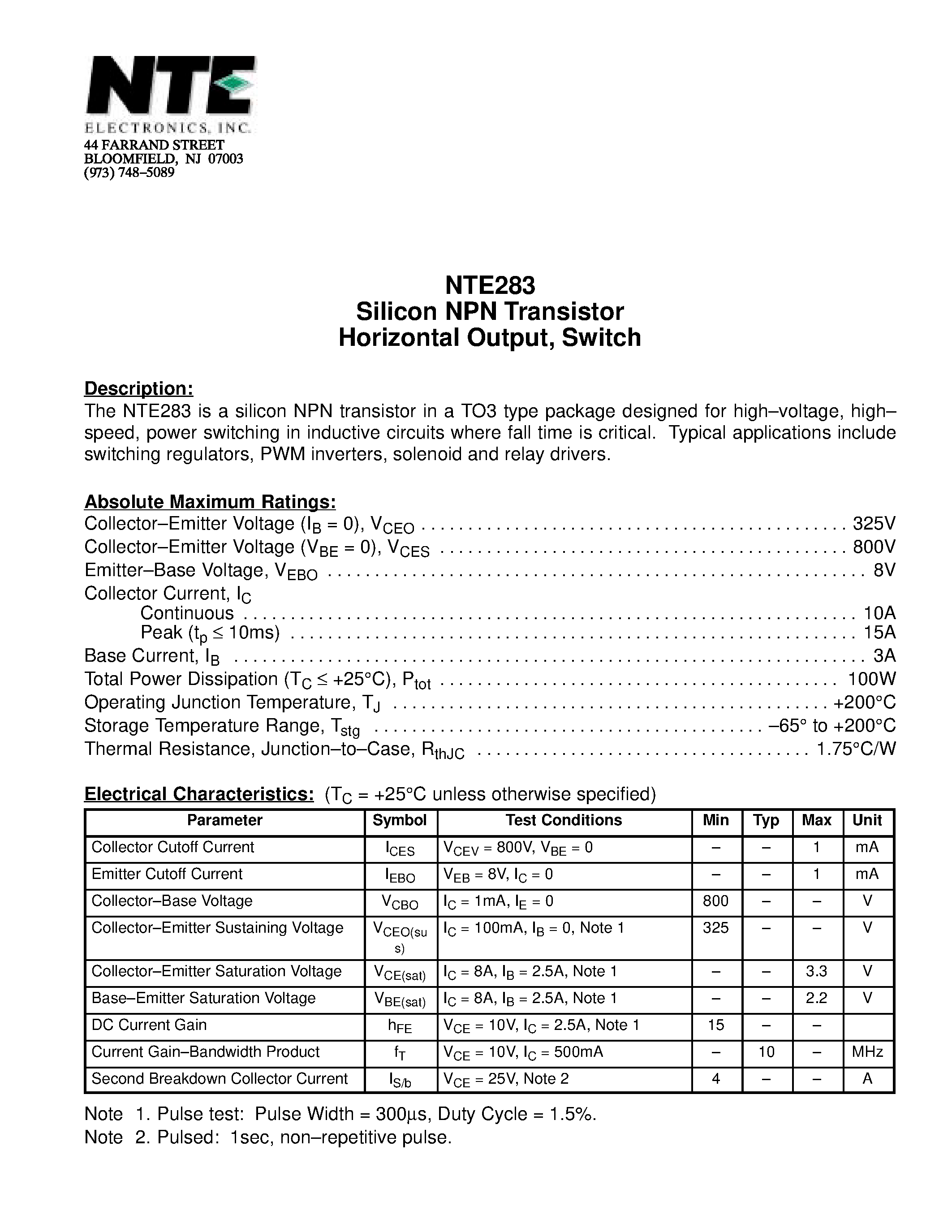 Datasheet NTE283 - Silicon NPN Transistor Horizontal Output / Switch page 1