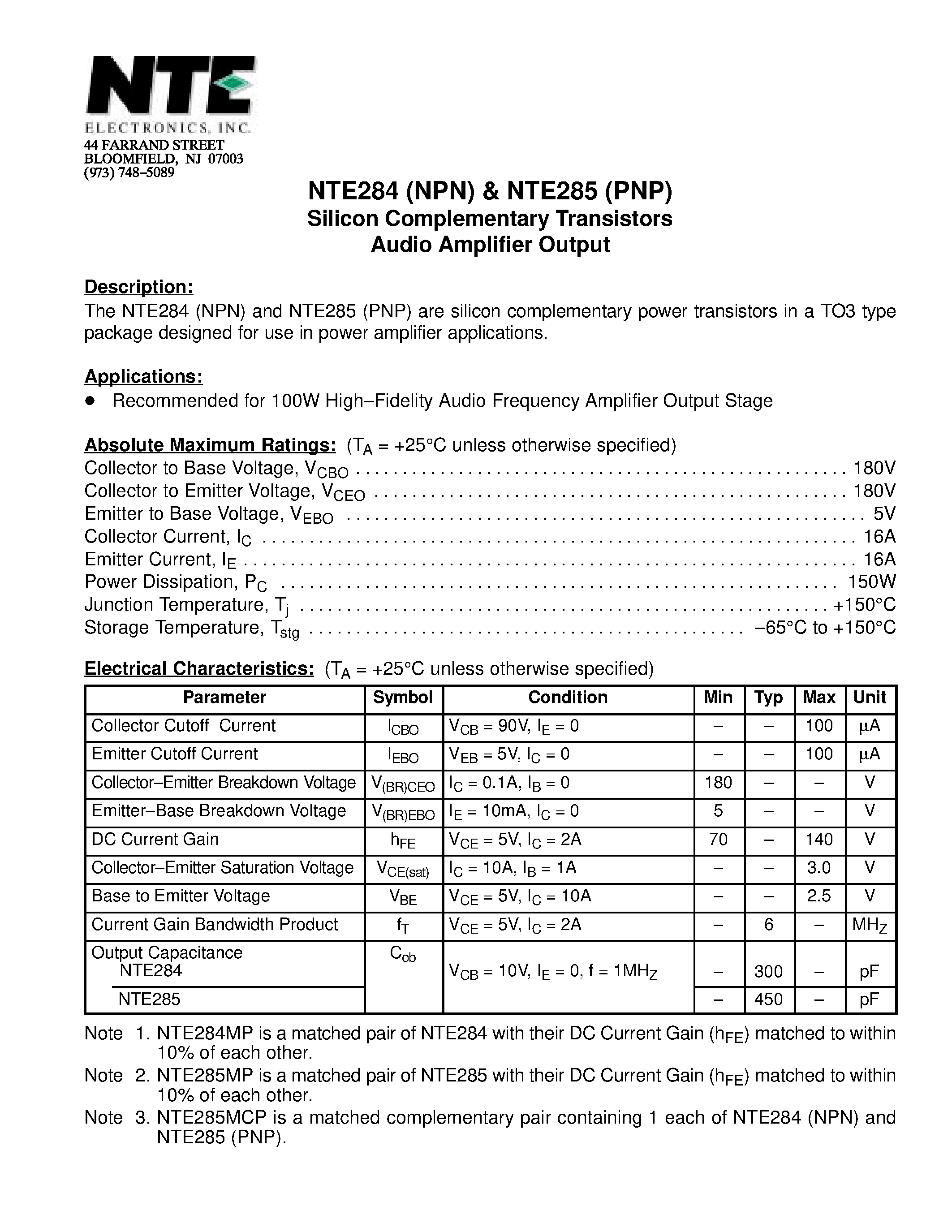 Datasheet NTE284 - Silicon Complementary Transistors Audio Amplifier Output page 1