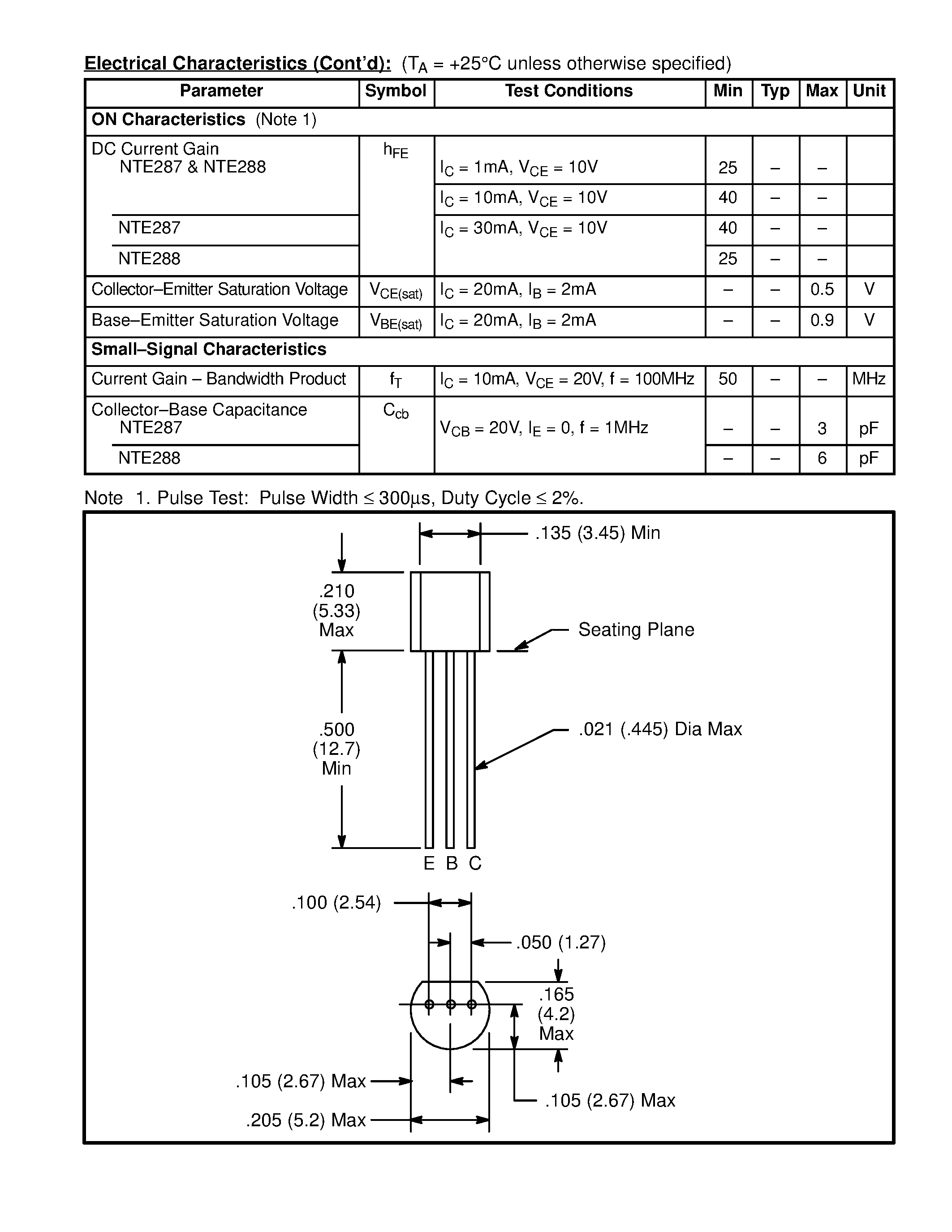 Datasheet NTE287(NPN) - Silicon Complementary Transistors High Voltage / General Purpose Amplifier page 2