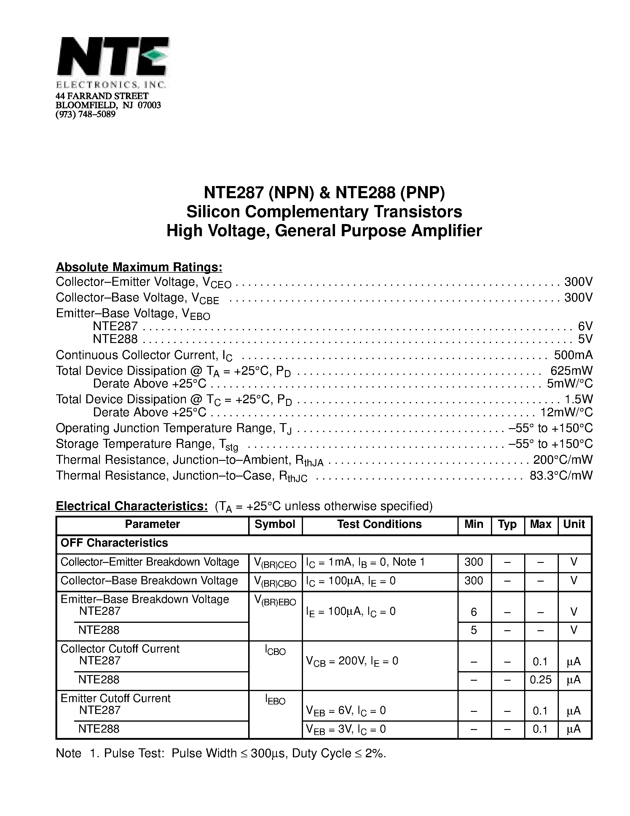 Datasheet NTE288(PNP) - Silicon Complementary Transistors High Voltage / General Purpose Amplifier page 1