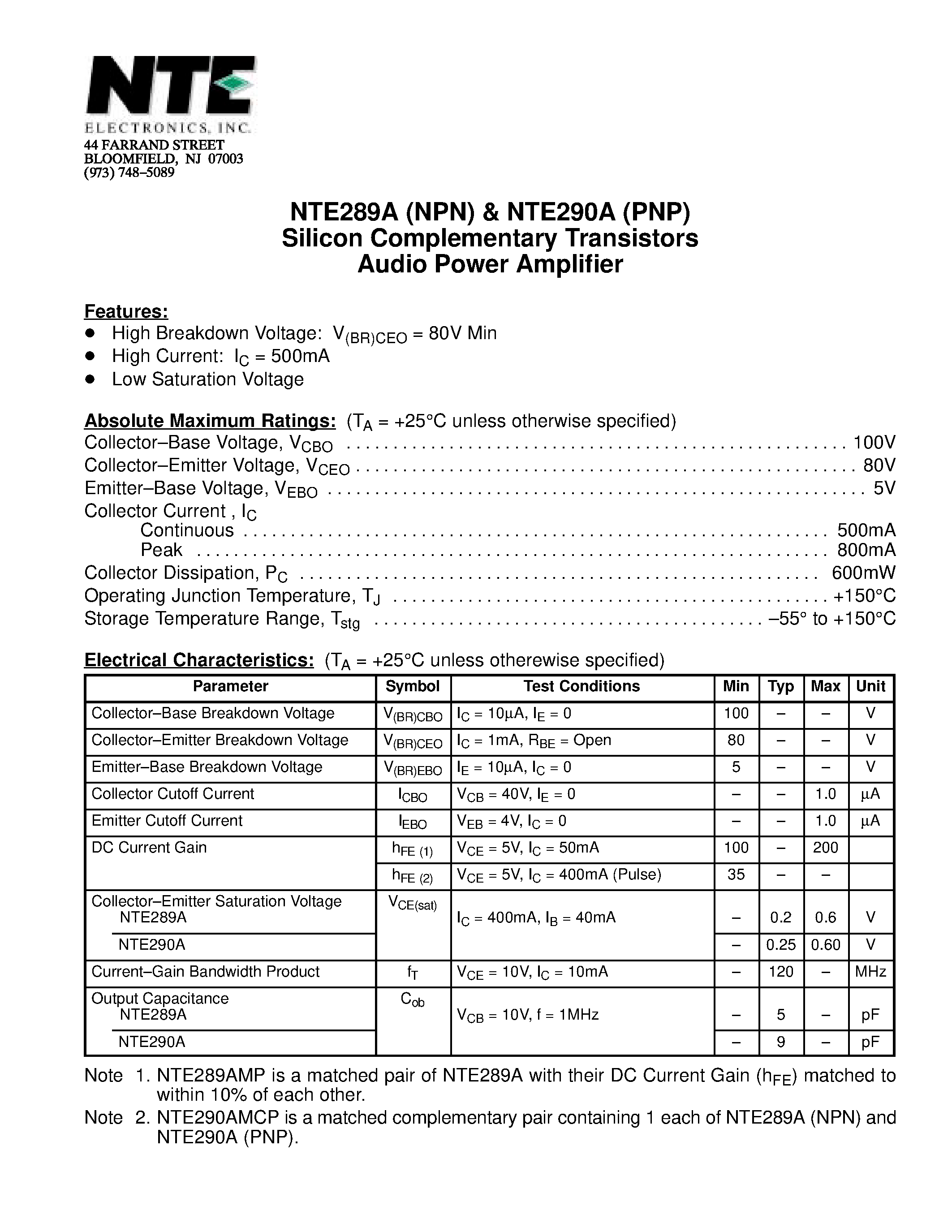 Datasheet NTE289A - Silicon Complementary Transistors Audio Power Amplifier page 1