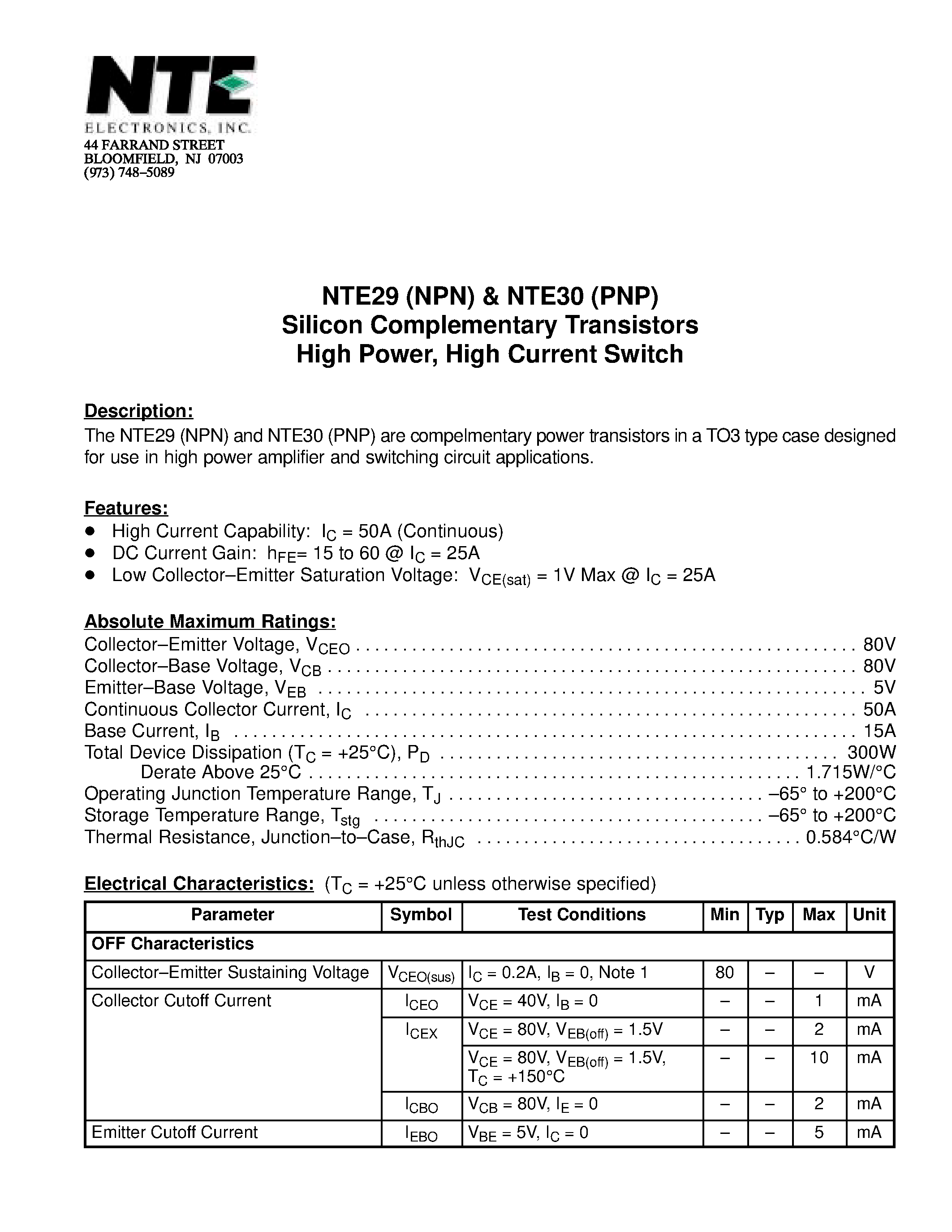 Datasheet NTE29 - Silicon Complementary Transistors High Power / High Current Switch page 1