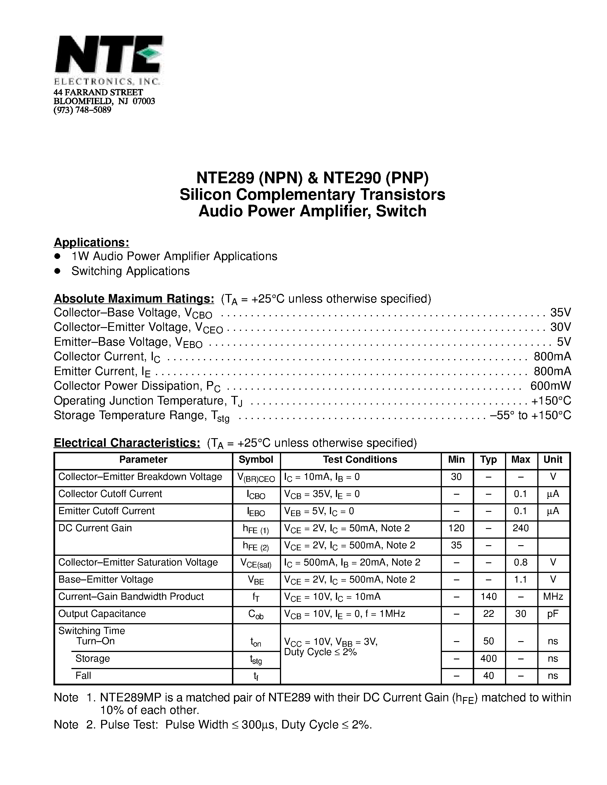 Datasheet NTE290(PNP) - Silicon Complementary Transistors Audio Power Amplifier / Switch page 1