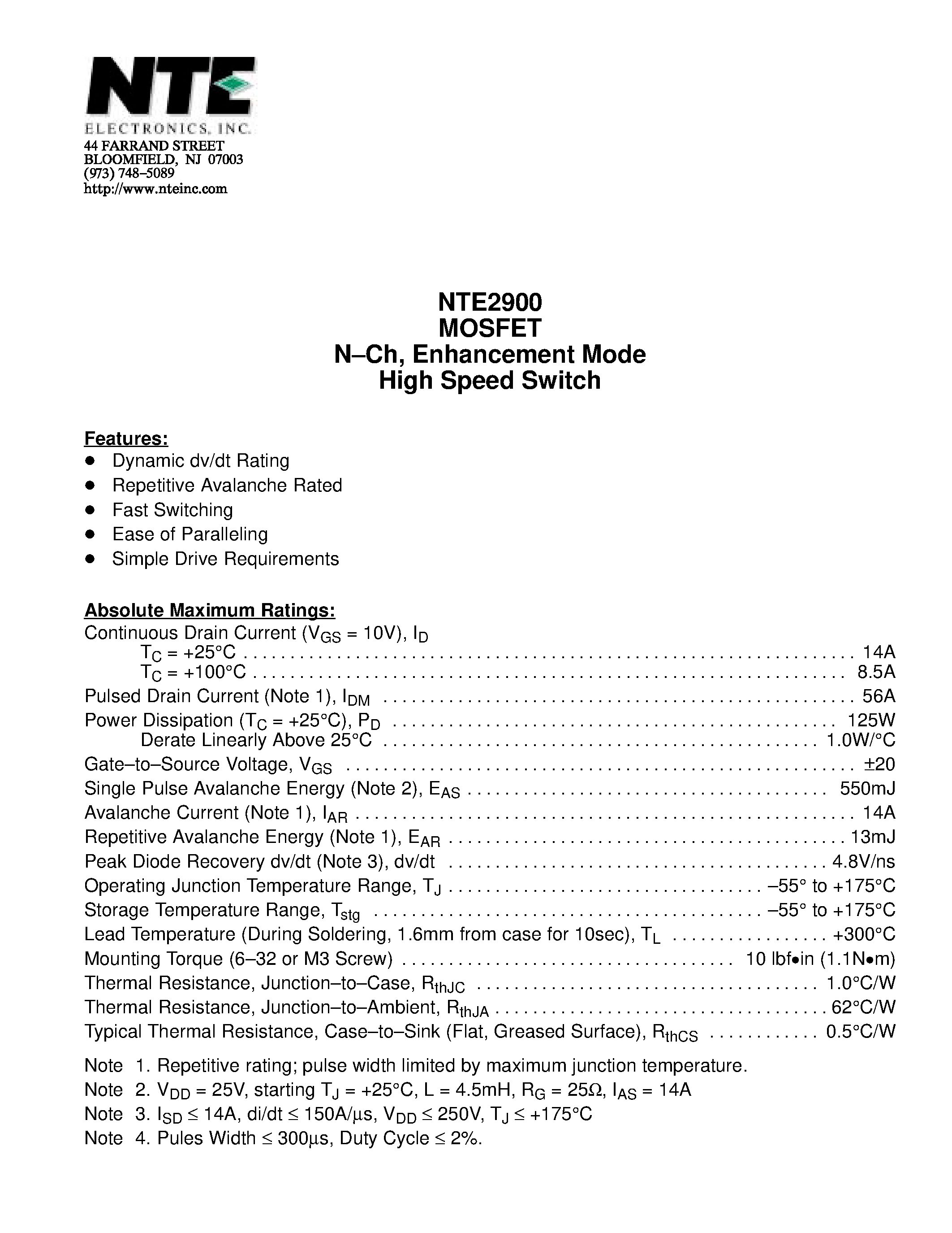 Datasheet NTE2900 - MOSFET N-Ch / Enhancement Mode High Speed Switch page 1
