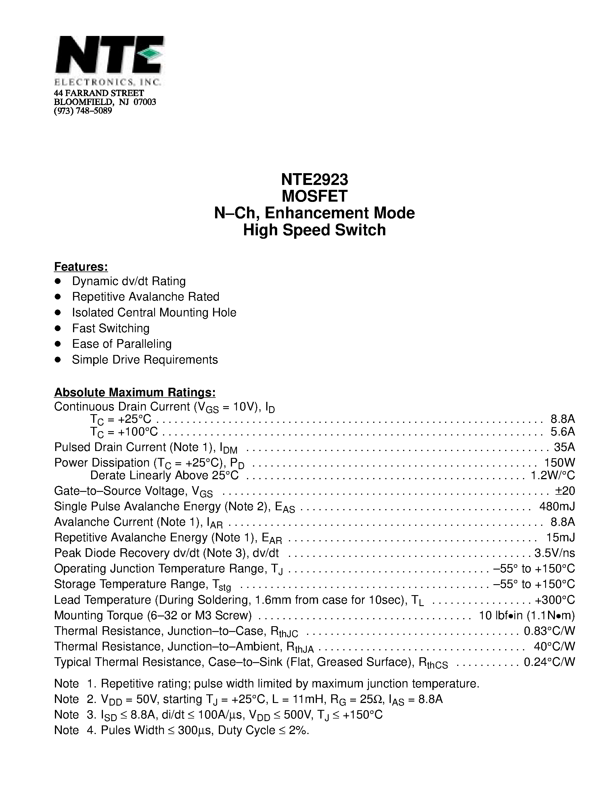 Datasheet NTE2923 - MOSFET N-Ch / Enhancement Mode High Speed Switch page 1