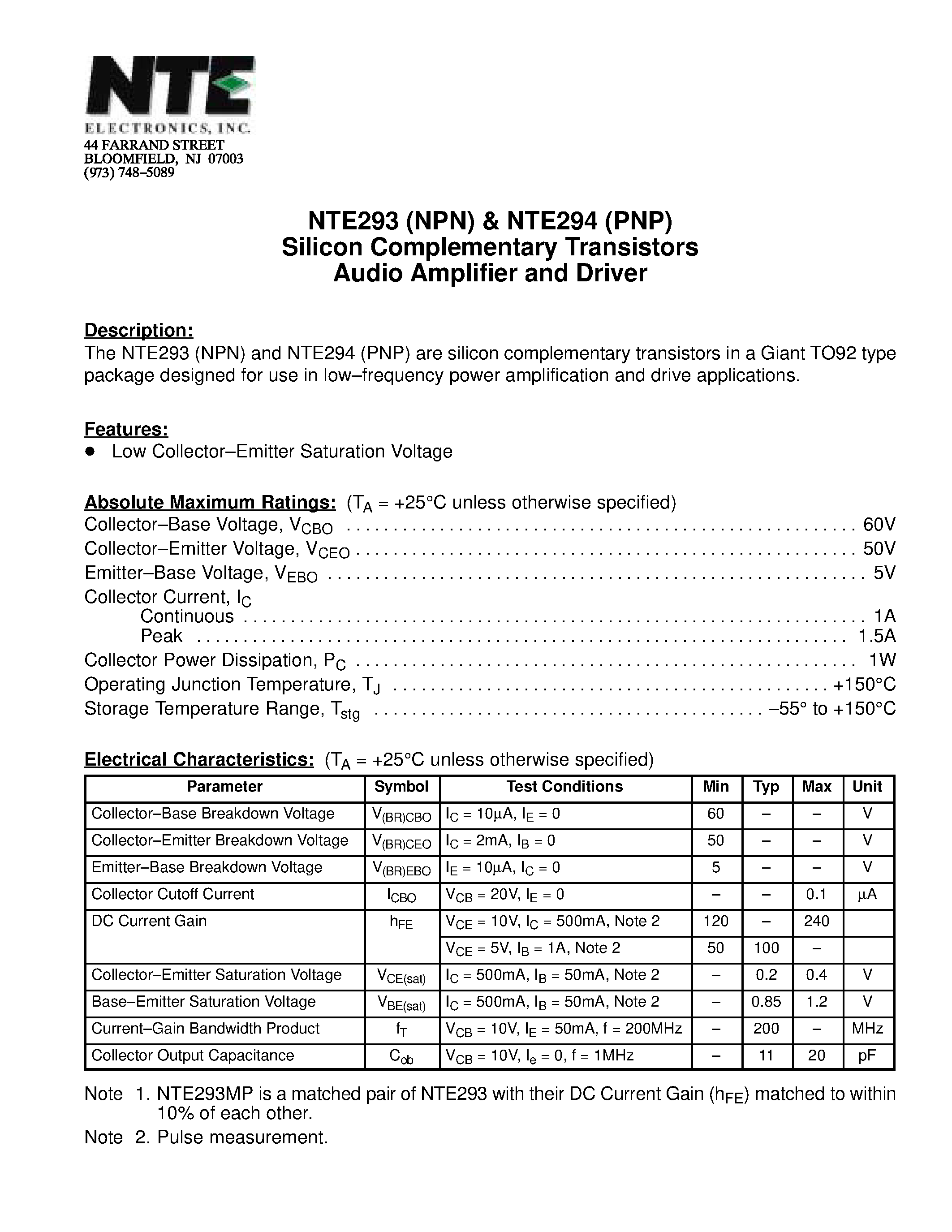 Datasheet NTE293 - Silicon Complementary Transistors Audio Amplifier and Driver page 1