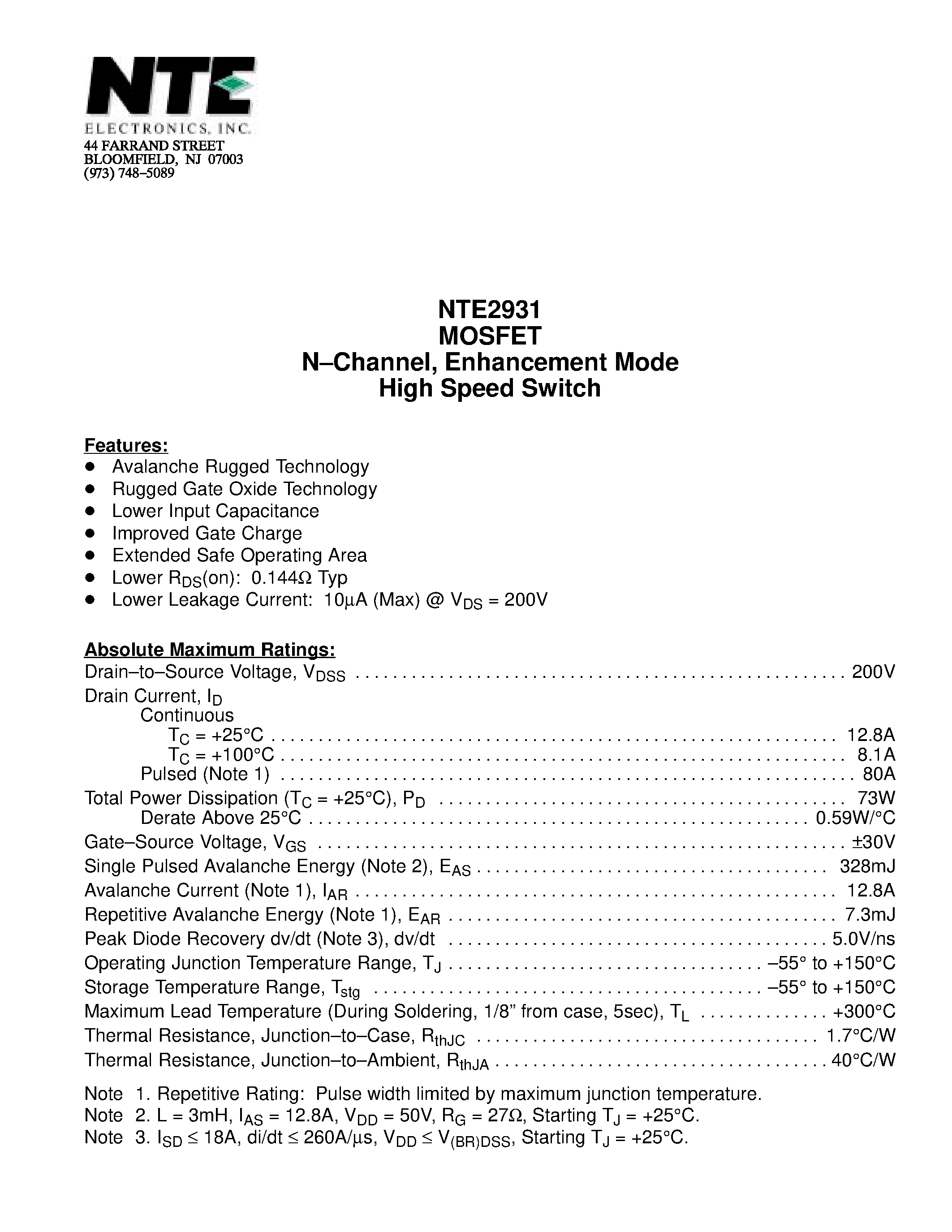 Datasheet NTE2931 - MOSFET N-Channel / Enhancement Mode High Speed Switch page 1